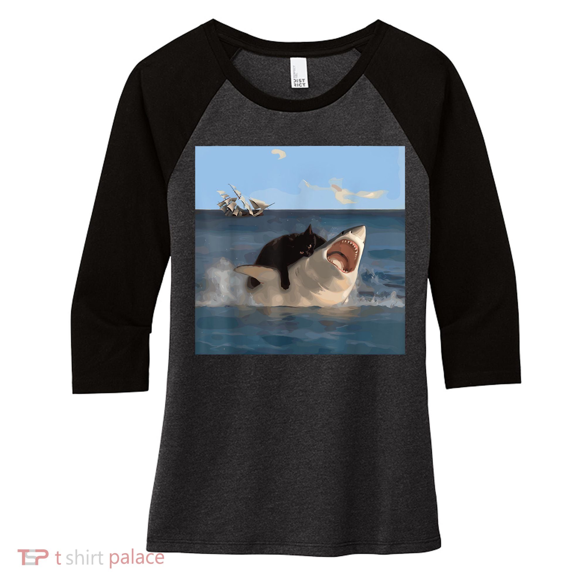 Cat Biting Shark Humorous Playful Funny Cat And Shark Women's Tri-Blend 3/4-Sleeve Raglan Shirt