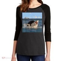 Cat Biting Shark Humorous Playful Funny Cat And Shark Women's Tri-Blend 3/4-Sleeve Raglan Shirt thumb 2
