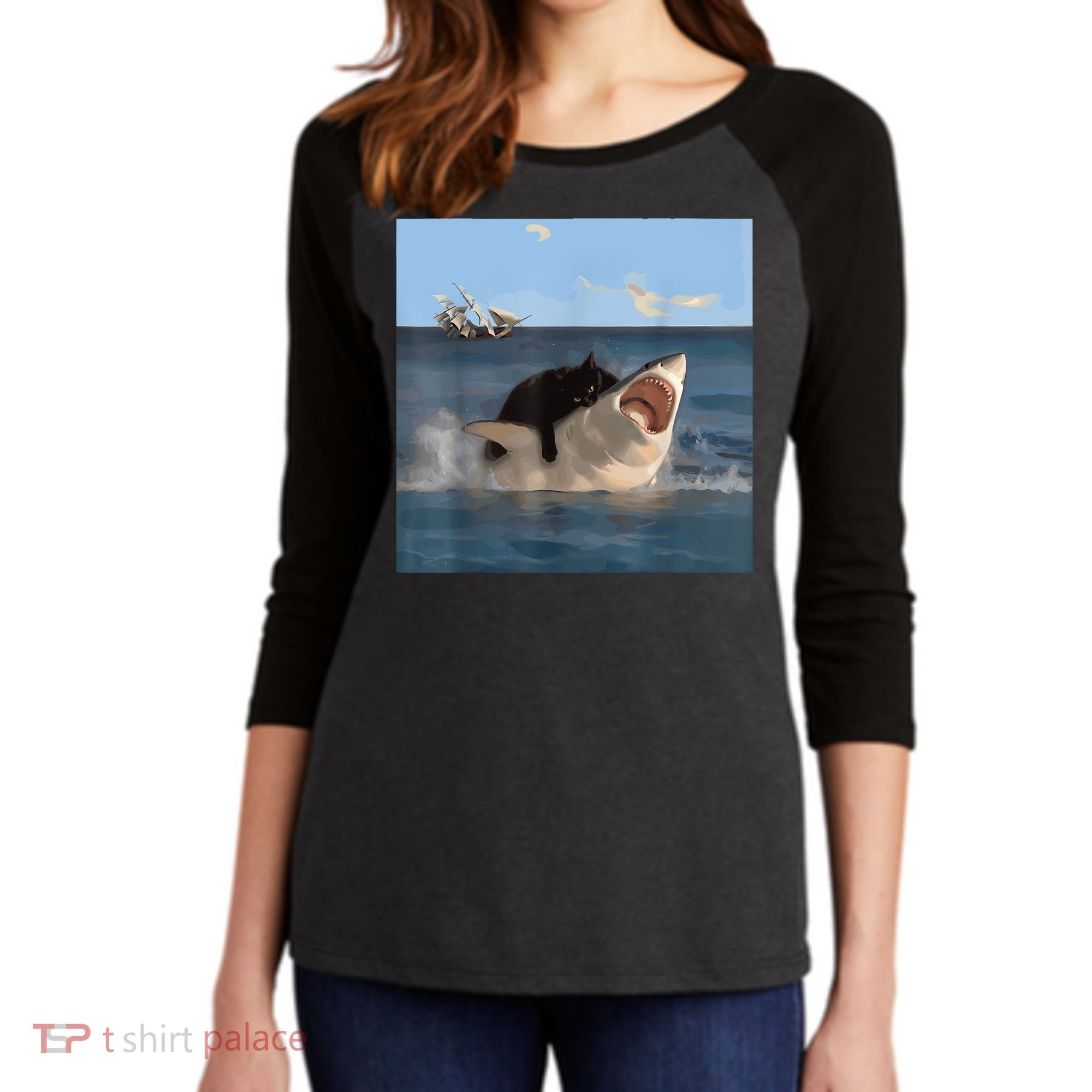 Cat Biting Shark Humorous Playful Funny Cat And Shark Women's Tri-Blend 3/4-Sleeve Raglan Shirt