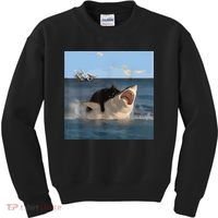 Cat Biting Shark Humorous Playful Funny Cat And Shark Kids Sweatshirt thumb 0