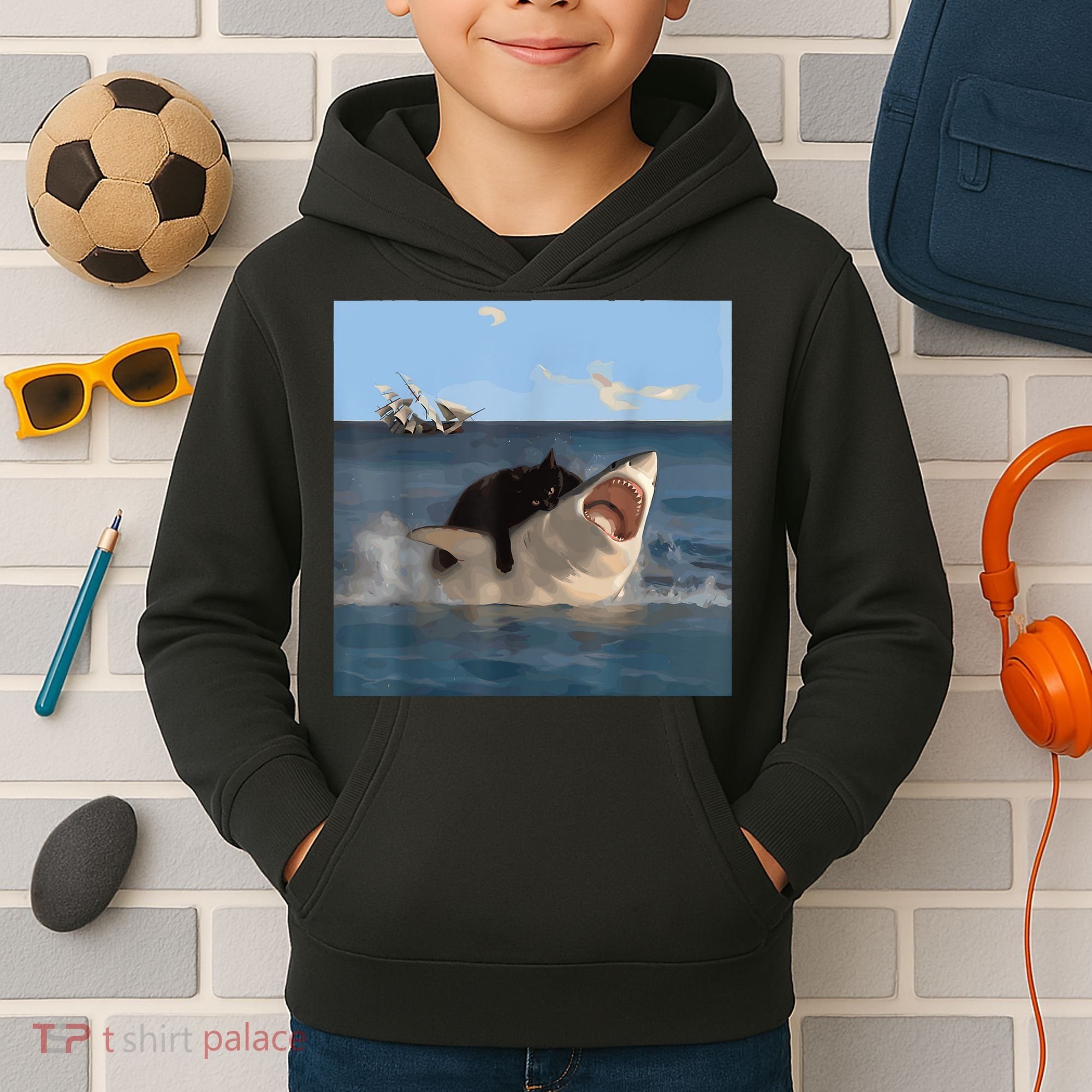 Cat Biting Shark Humorous Playful Funny Cat And Shark Kids Hoodie