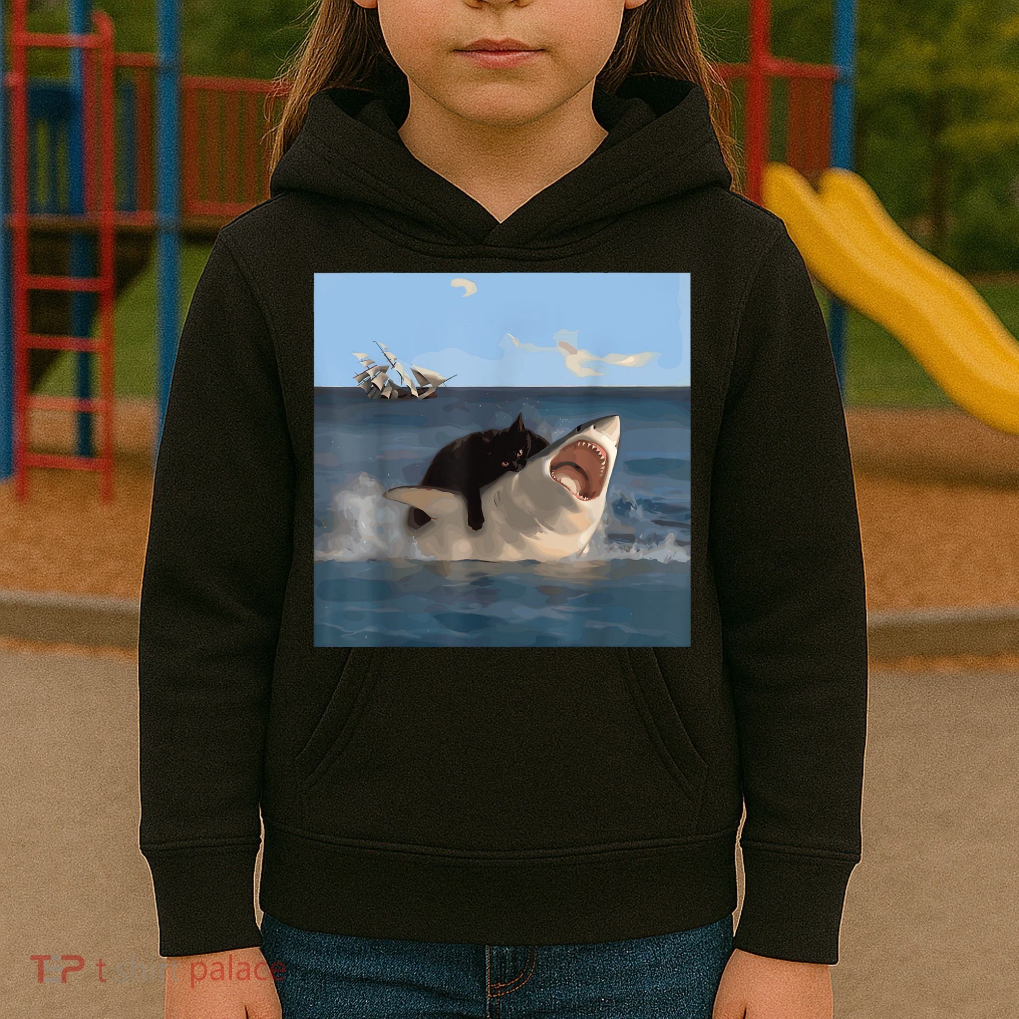 Cat Biting Shark Humorous Playful Funny Cat And Shark Kids Hoodie