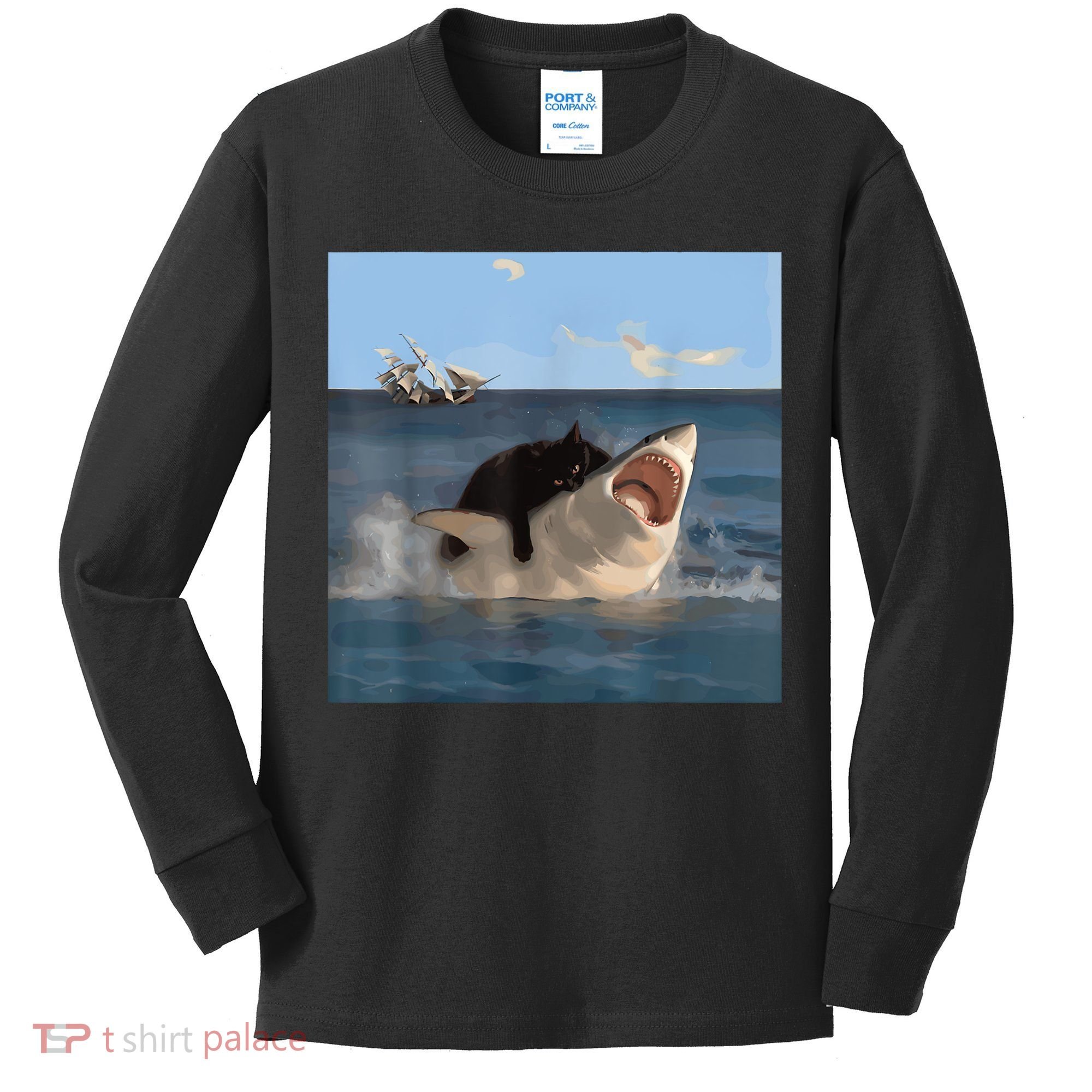 Cat Biting Shark Humorous Playful Funny Cat And Shark Kids Long Sleeve Shirt