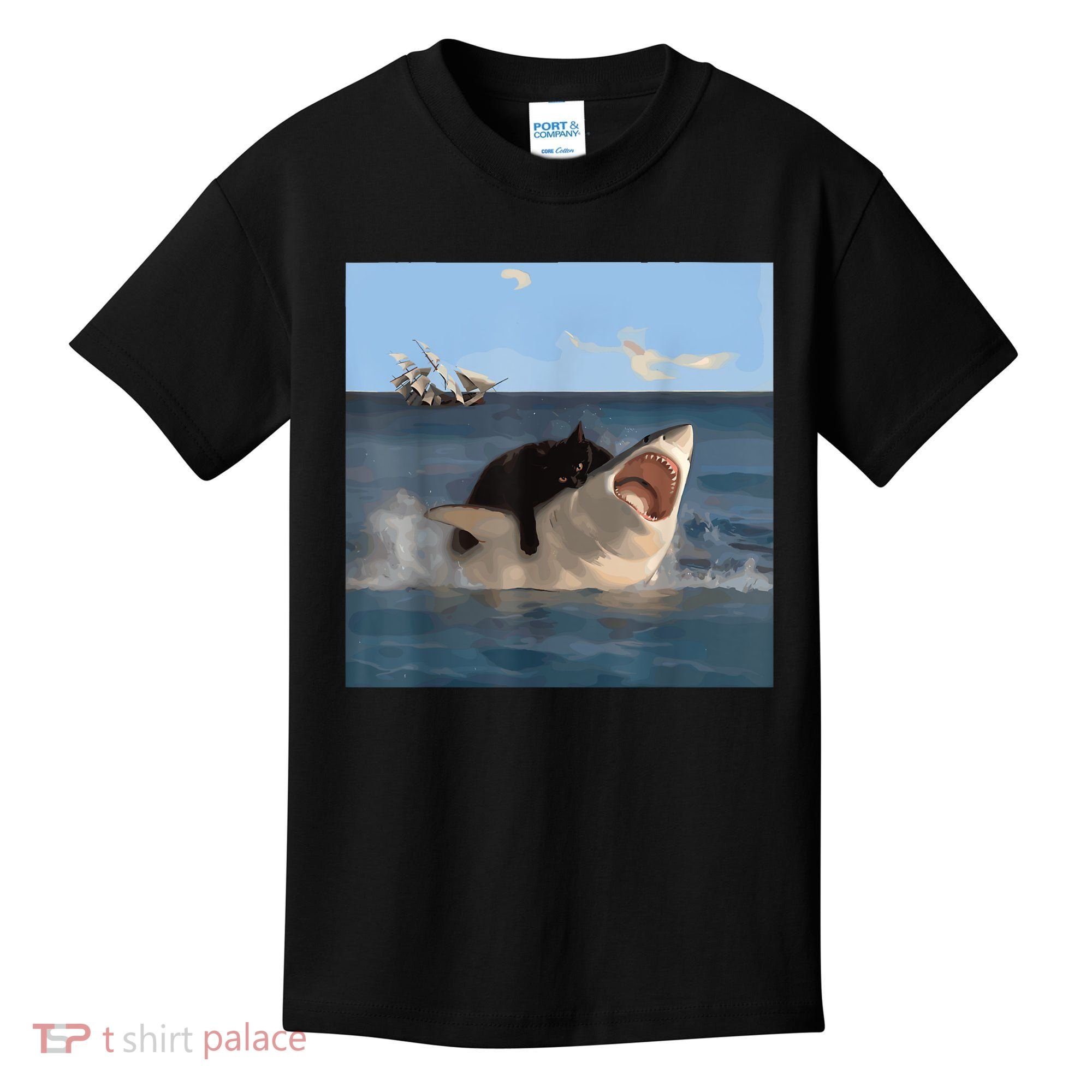 Cat Biting Shark Humorous Playful Funny Cat And Shark Kids T-Shirt