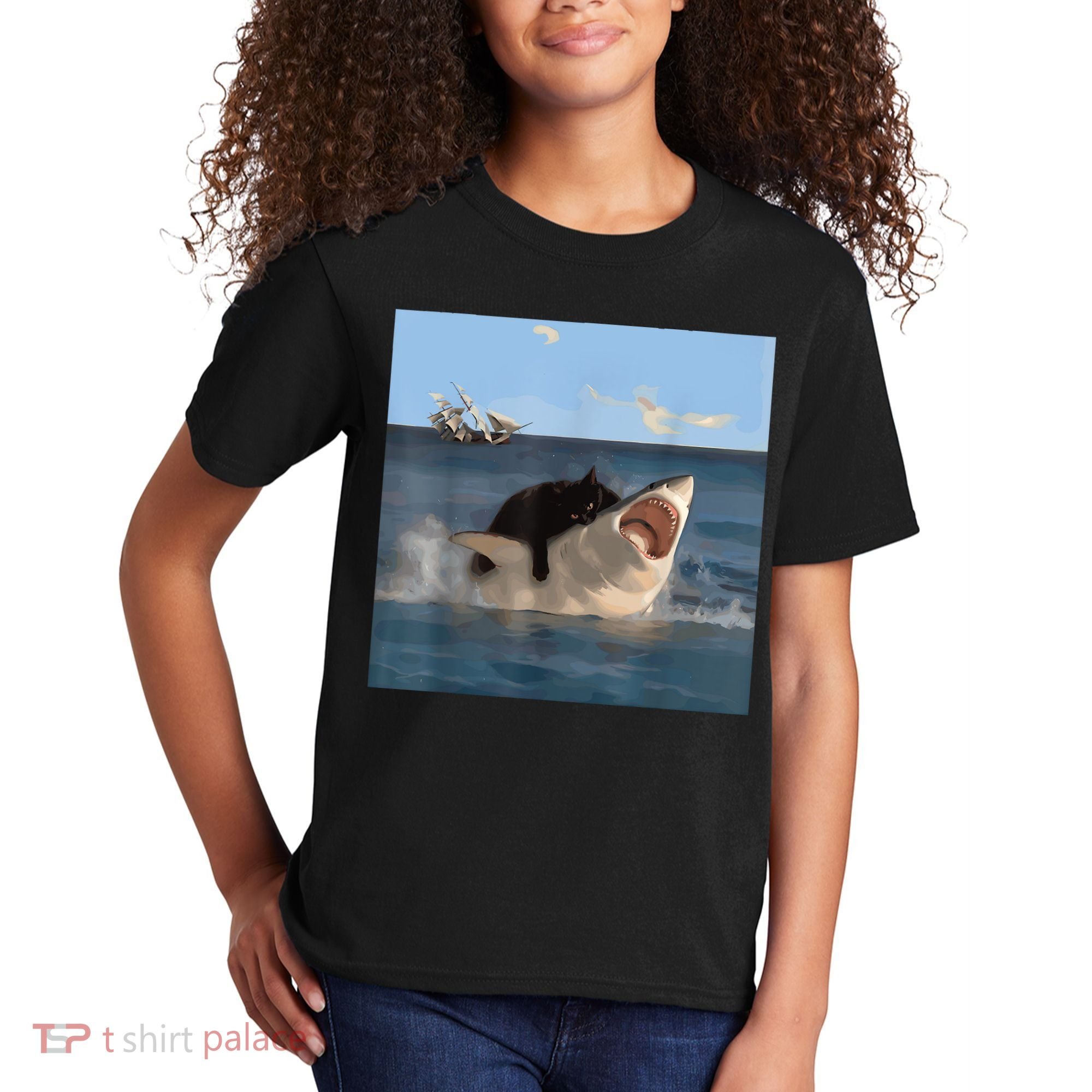 Cat Biting Shark Humorous Playful Funny Cat And Shark Kids T-Shirt