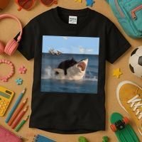 Cat Biting Shark Humorous Playful Funny Cat And Shark Kids T-Shirt thumb 3