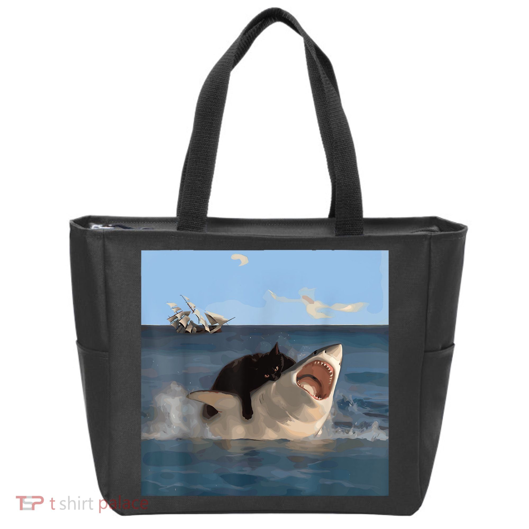 Cat Biting Shark Humorous Playful Funny Cat And Shark Tote Bag