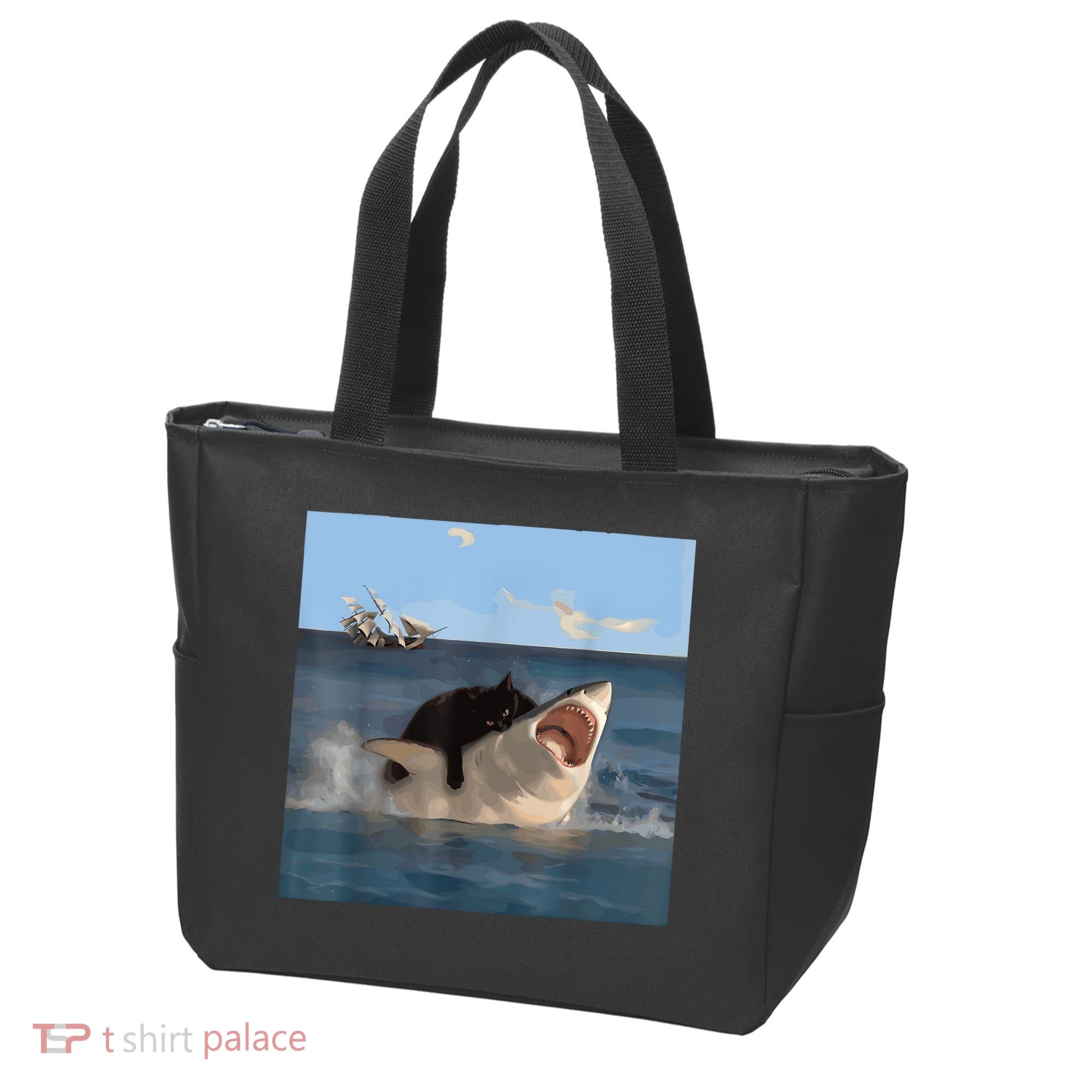 Cat Biting Shark Humorous Playful Funny Cat And Shark Tote Bag