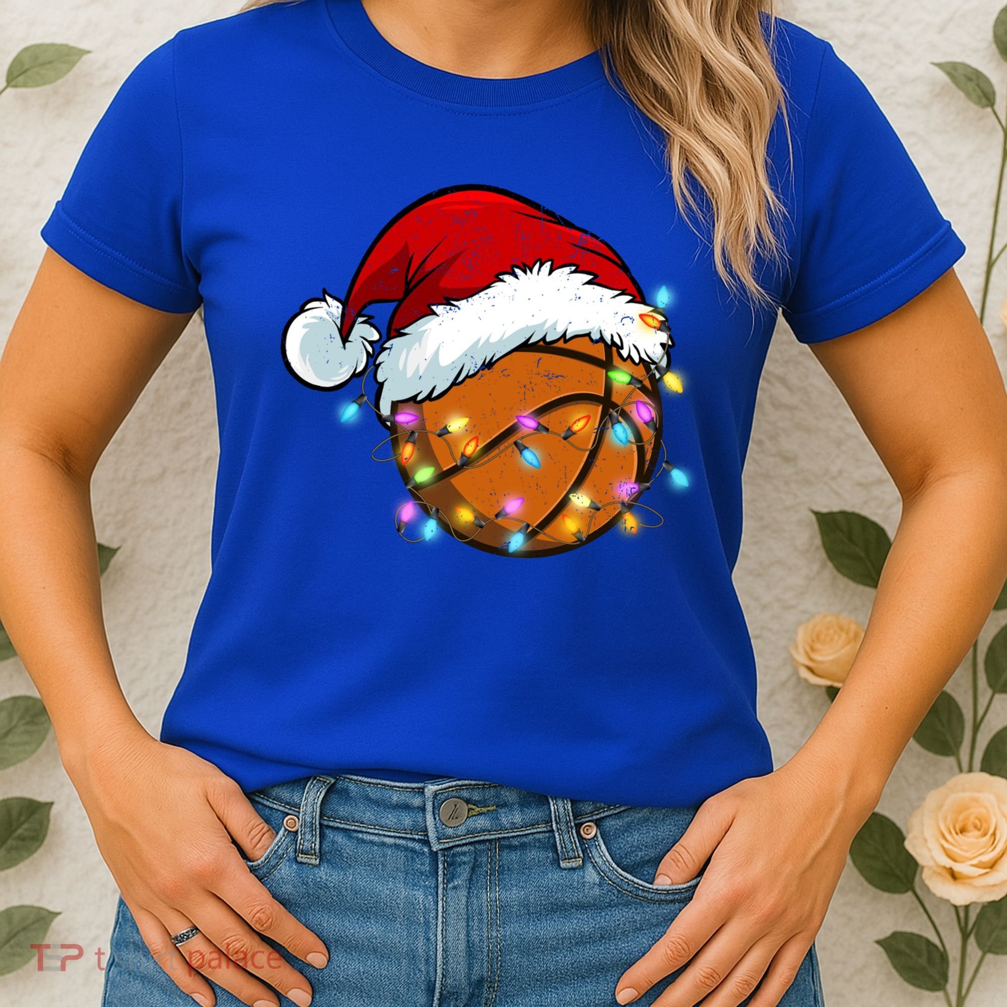Christmas Basketball Santa Hat Sport Xmas Light Cool Gift Women's T-Shirt