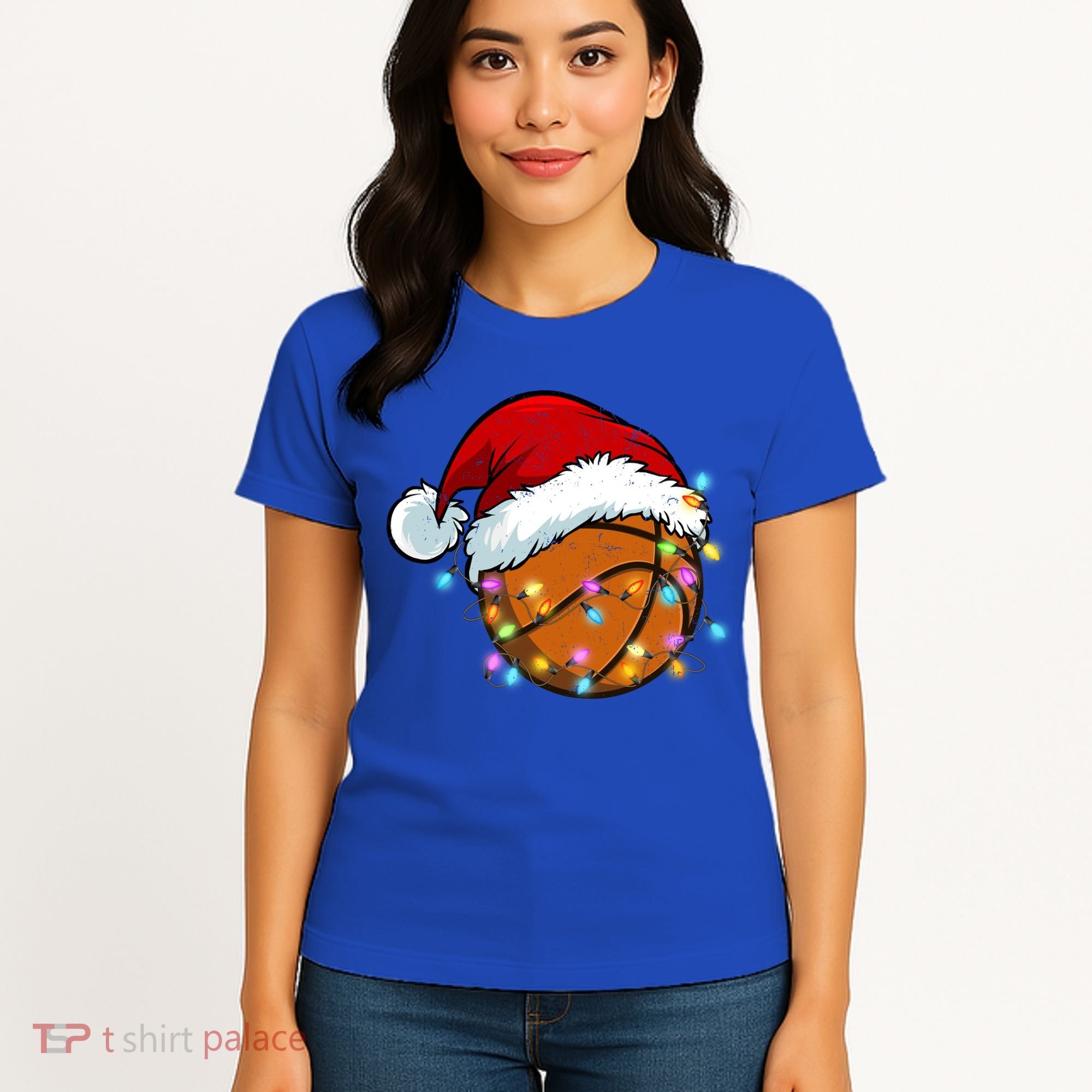 Christmas Basketball Santa Hat Sport Xmas Light Cool Gift Women's T-Shirt