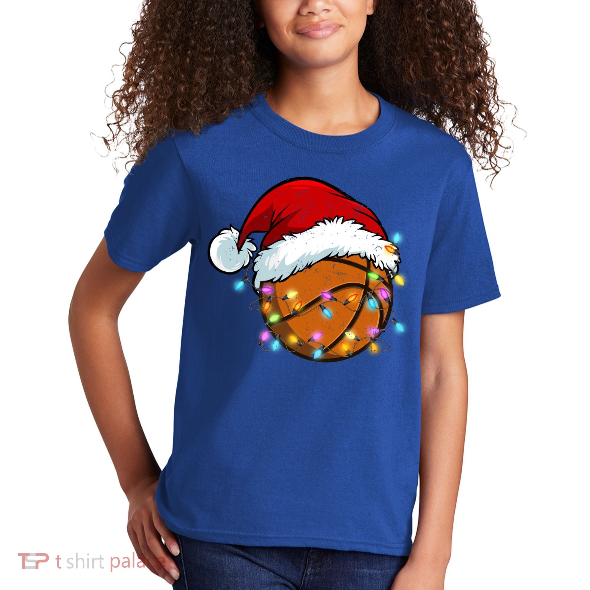 Christmas Basketball Santa Hat Sport Xmas Light Cool Gift Kids T-Shirt