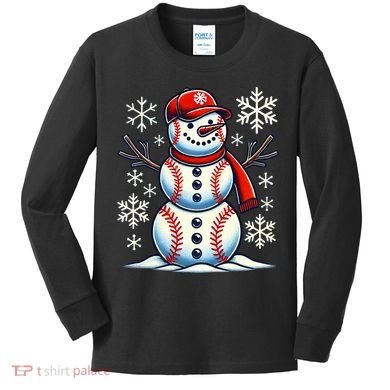 Christmas Baseball Snowman Baseball Christmas Kids Long Sleeve Shirt