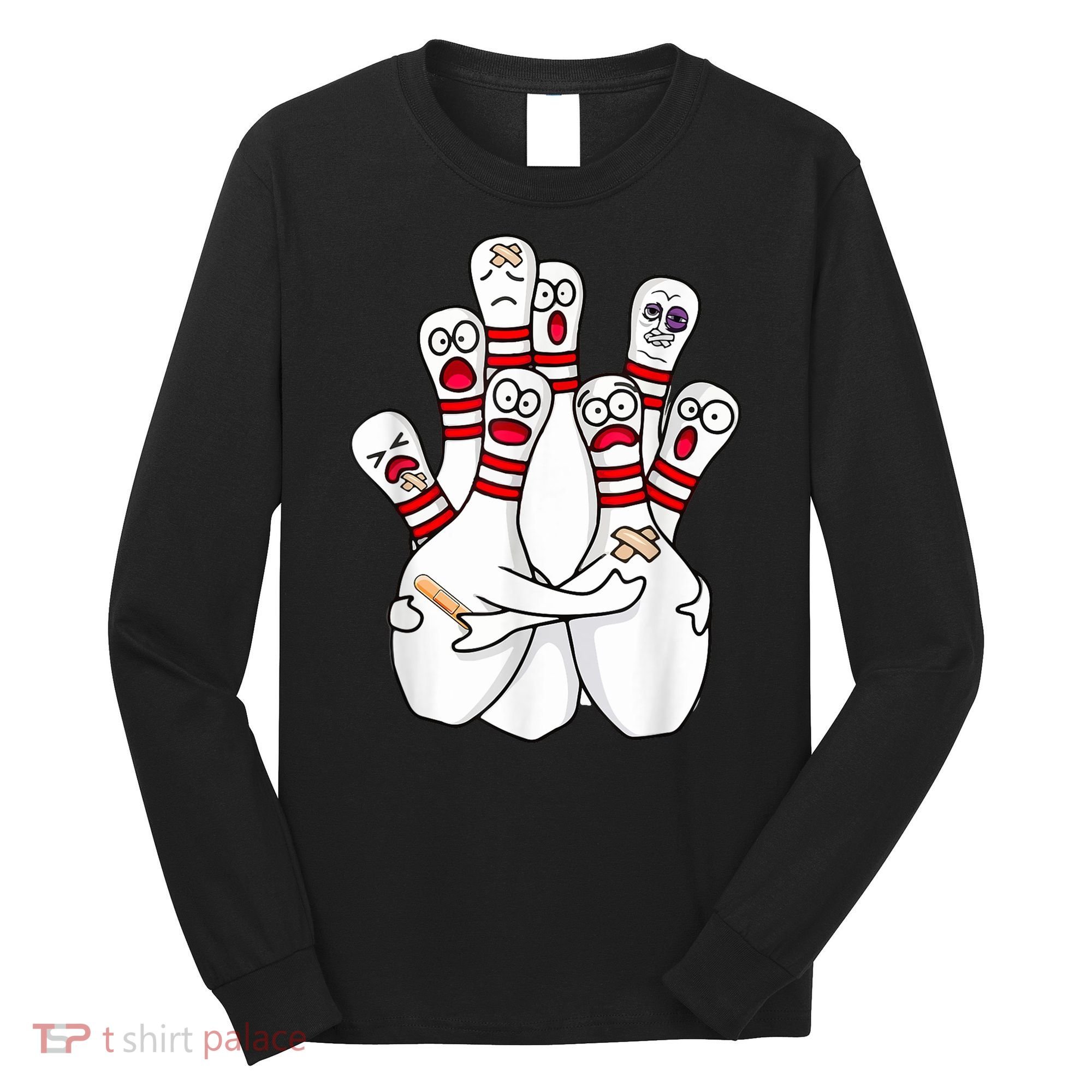 Cartoon Bowling Scared Bowling Pins Funny Sport Bowler Long Sleeve Shirt