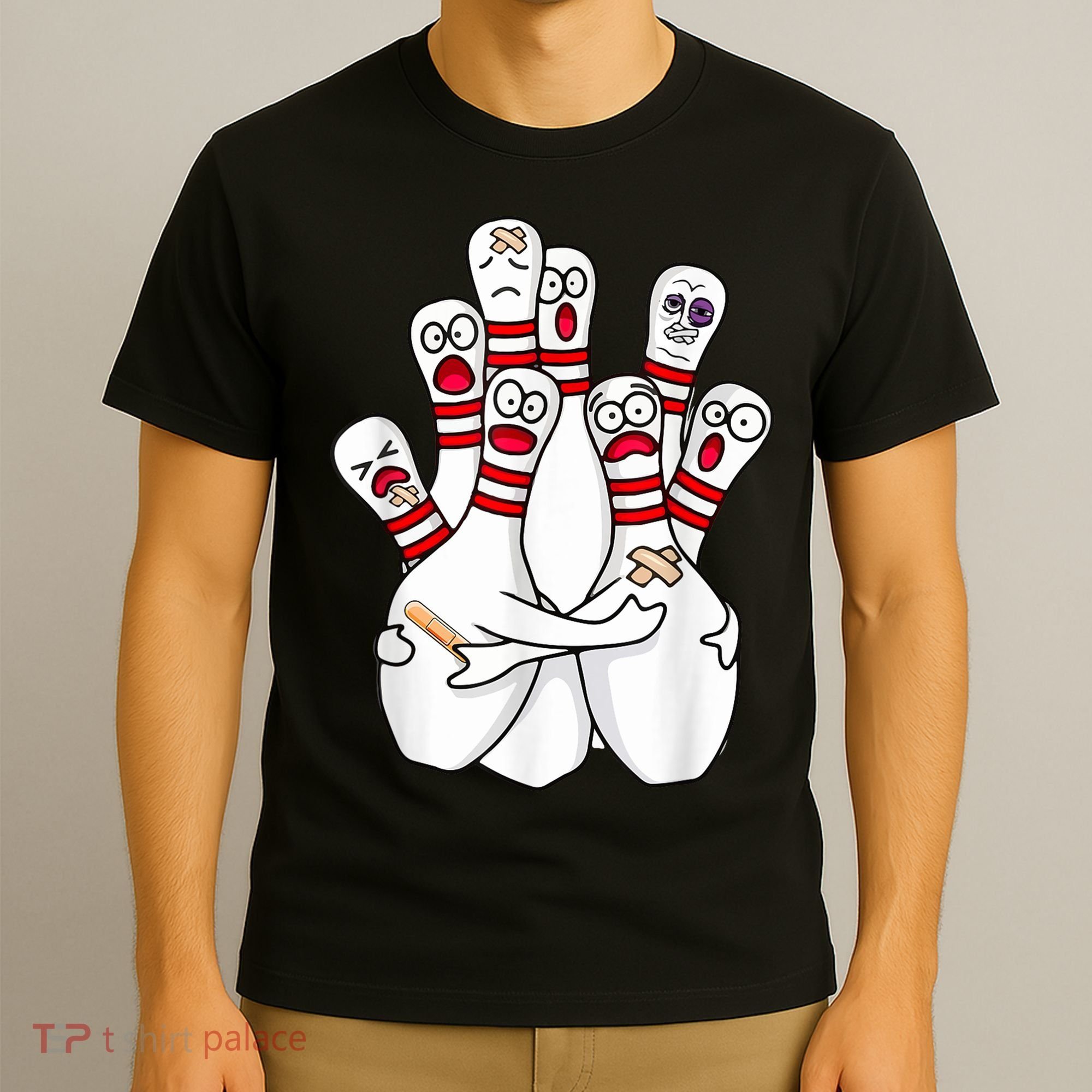 Cartoon Bowling Scared Bowling Pins Funny Sport Bowler T-Shirt
