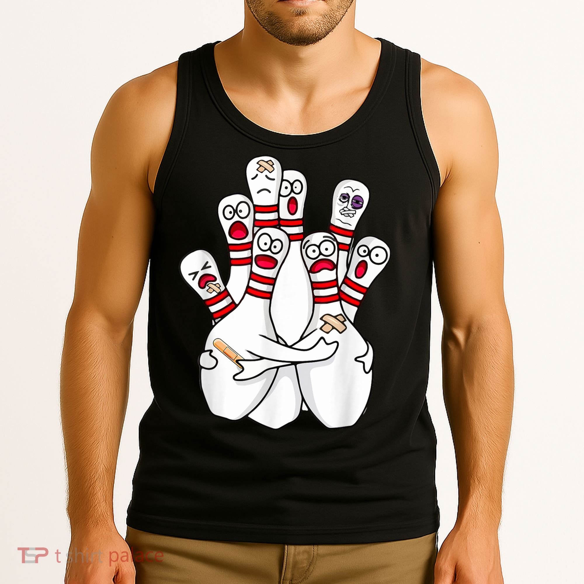 Cartoon Bowling Scared Bowling Pins Funny Sport Bowler Tank Top