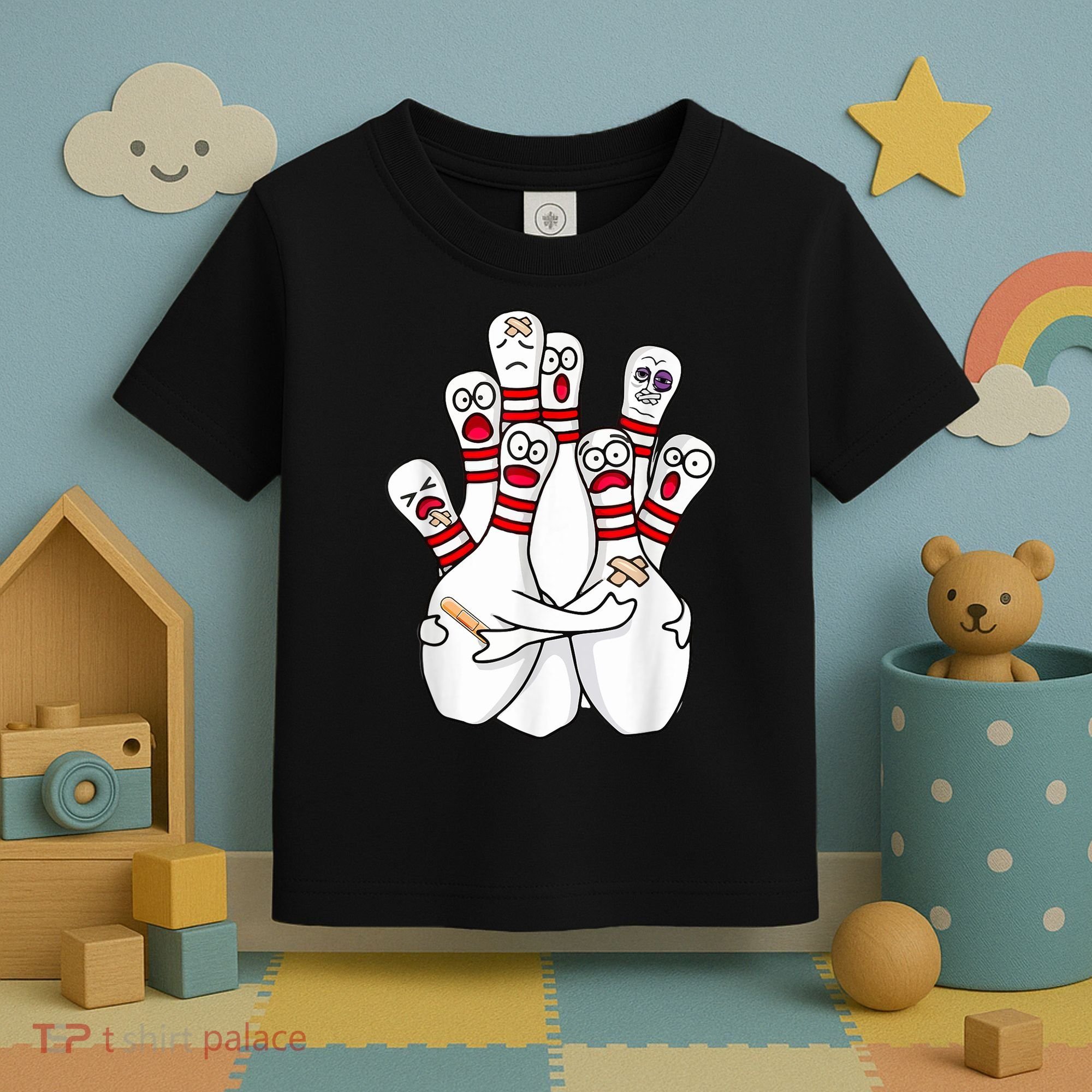 Cartoon Bowling Scared Bowling Pins Funny Sport Bowler Toddler T-Shirt