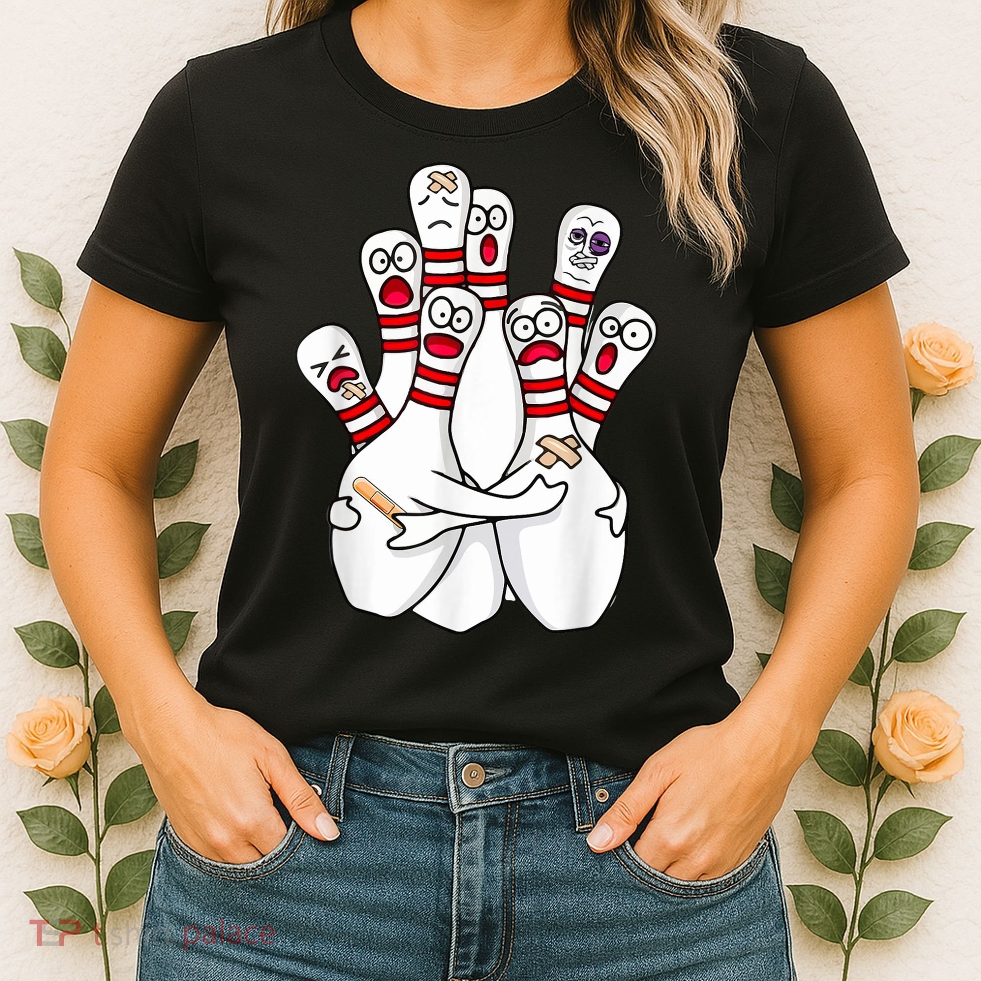 Cartoon Bowling Scared Bowling Pins Funny Sport Bowler Women's T-Shirt