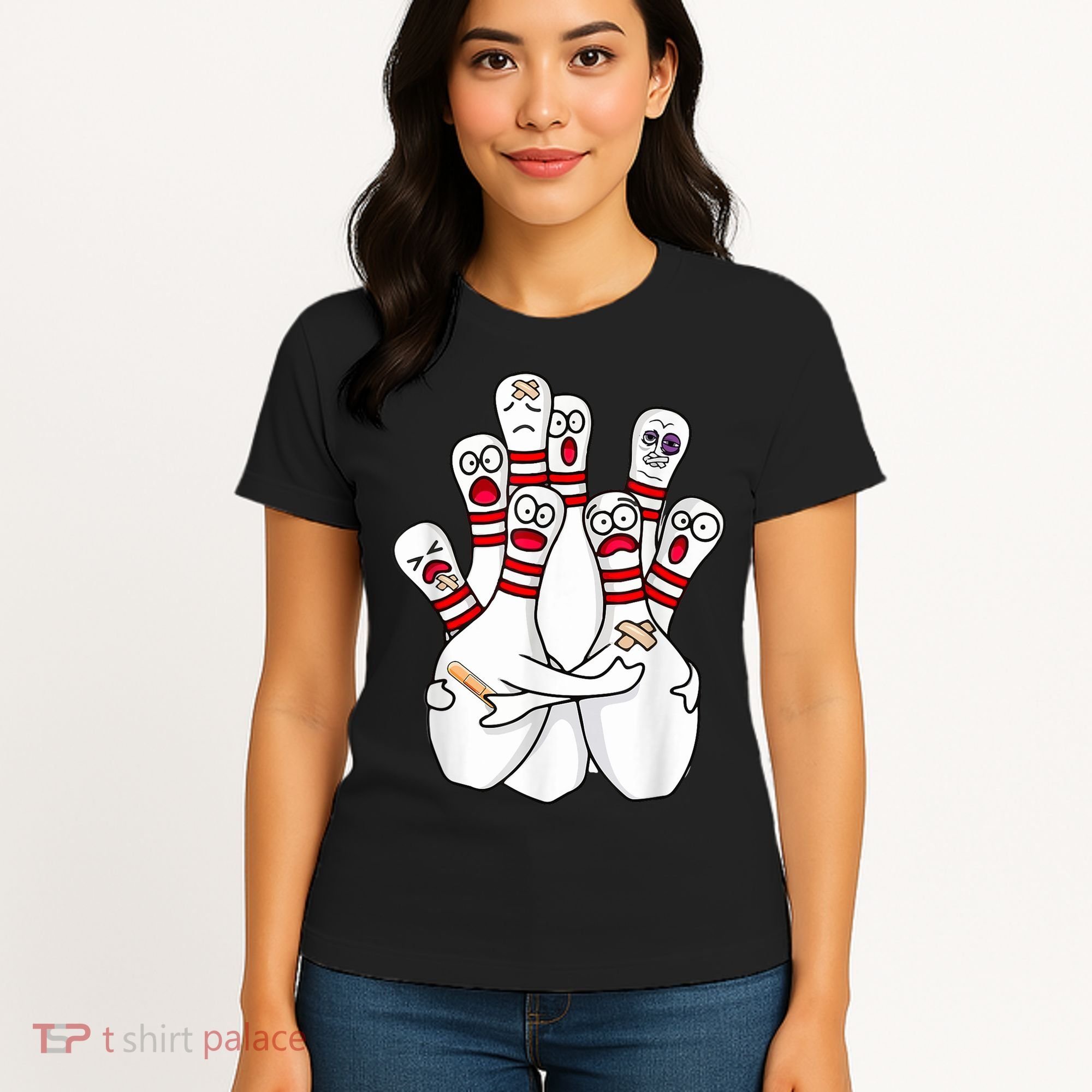 Cartoon Bowling Scared Bowling Pins Funny Sport Bowler Women's T-Shirt