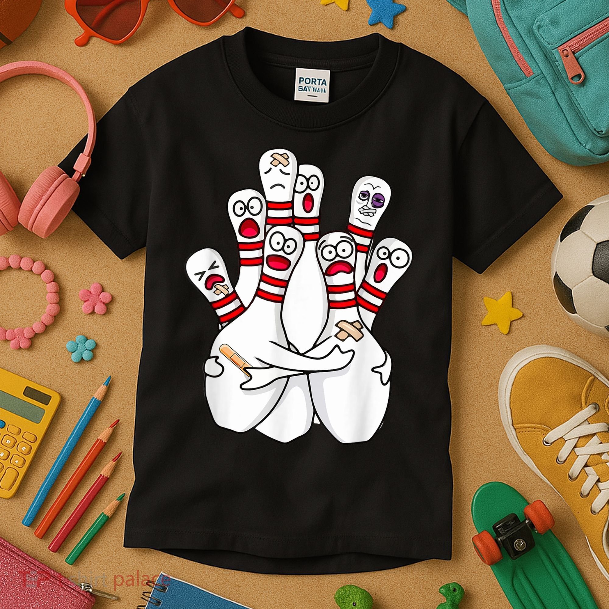 Cartoon Bowling Scared Bowling Pins Funny Sport Bowler Kids T-Shirt