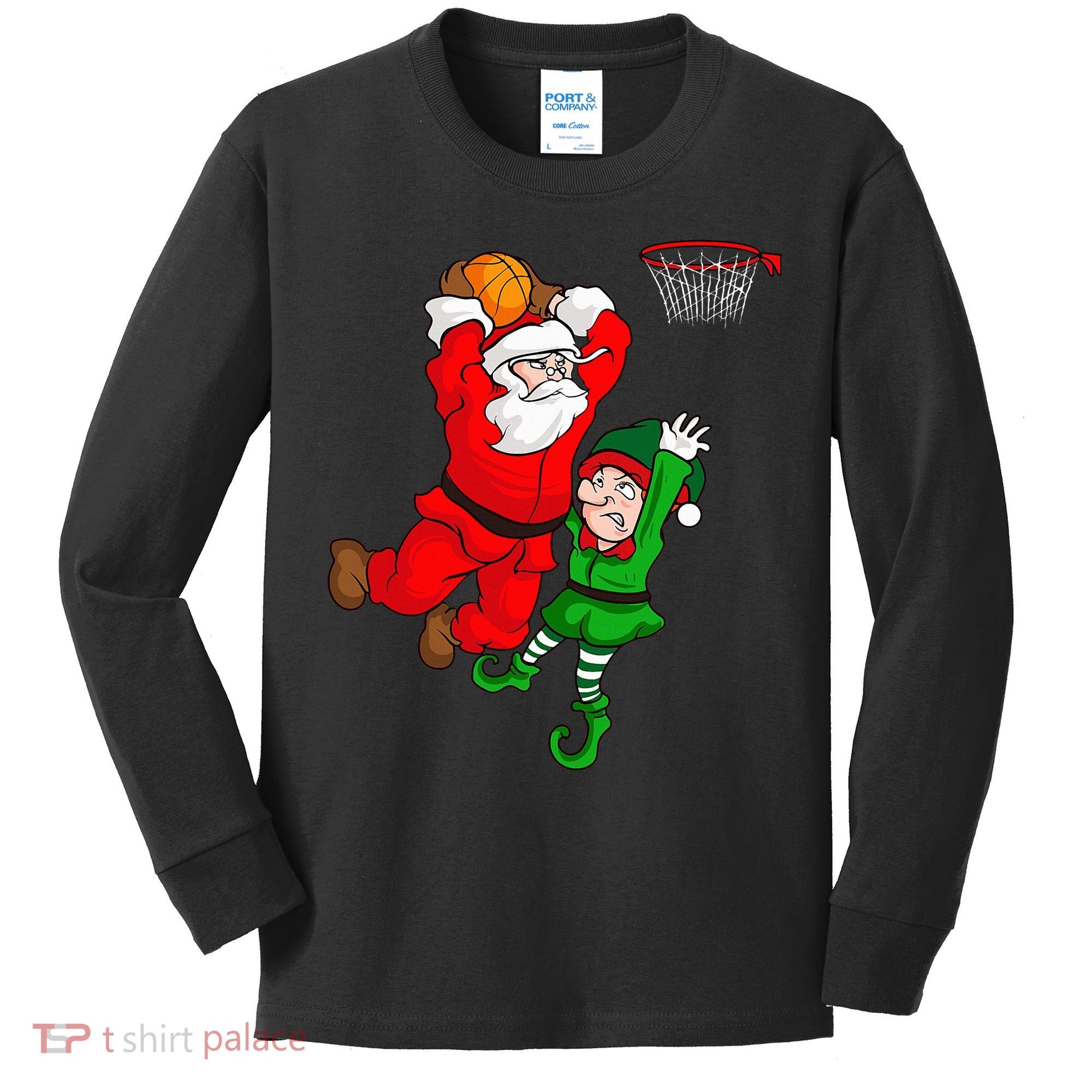 Christmas Basketball Santa Claus Slam Dunk Elf Kids Long Sleeve Shirt