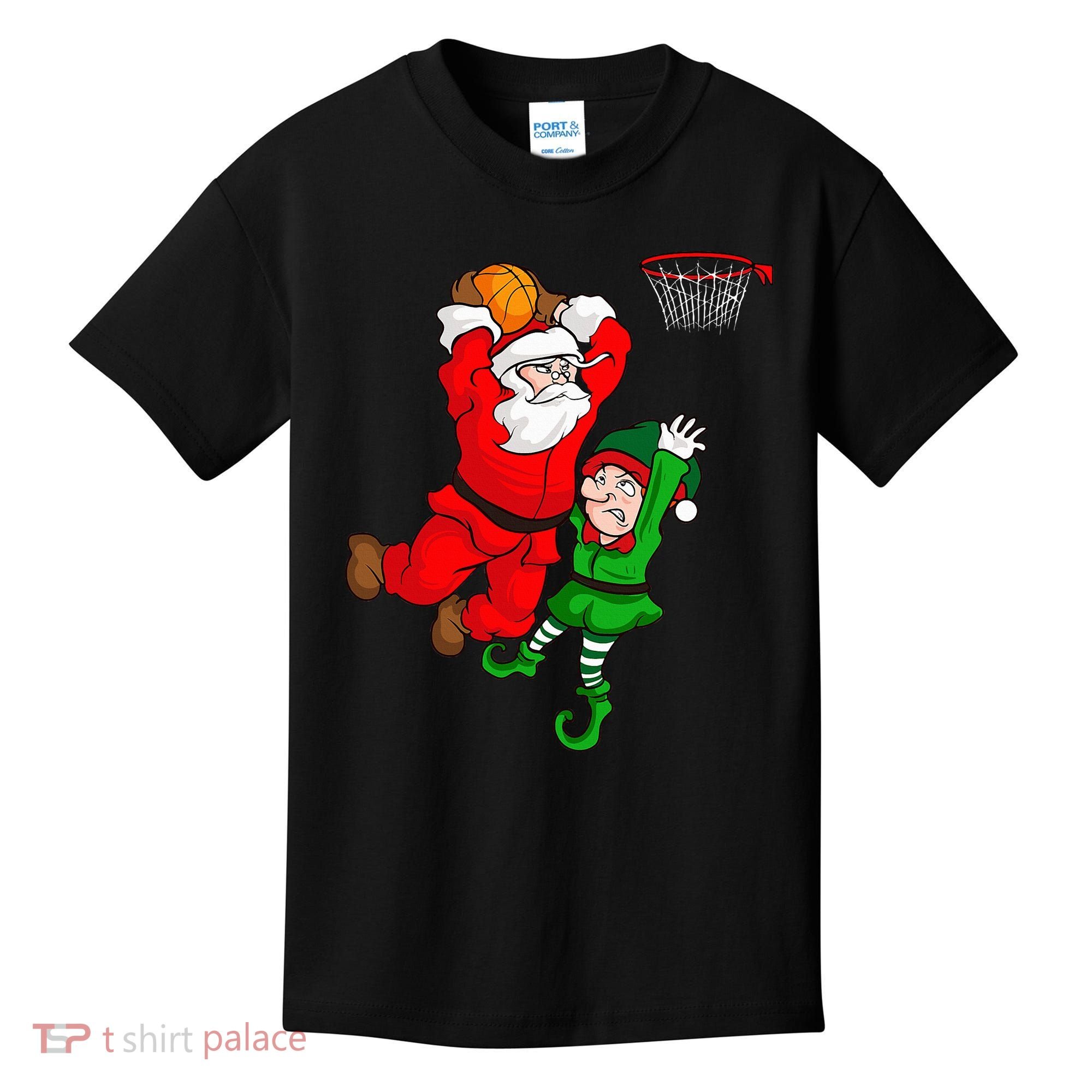 Christmas Basketball Santa Claus Slam Dunk Elf Kids T-Shirt