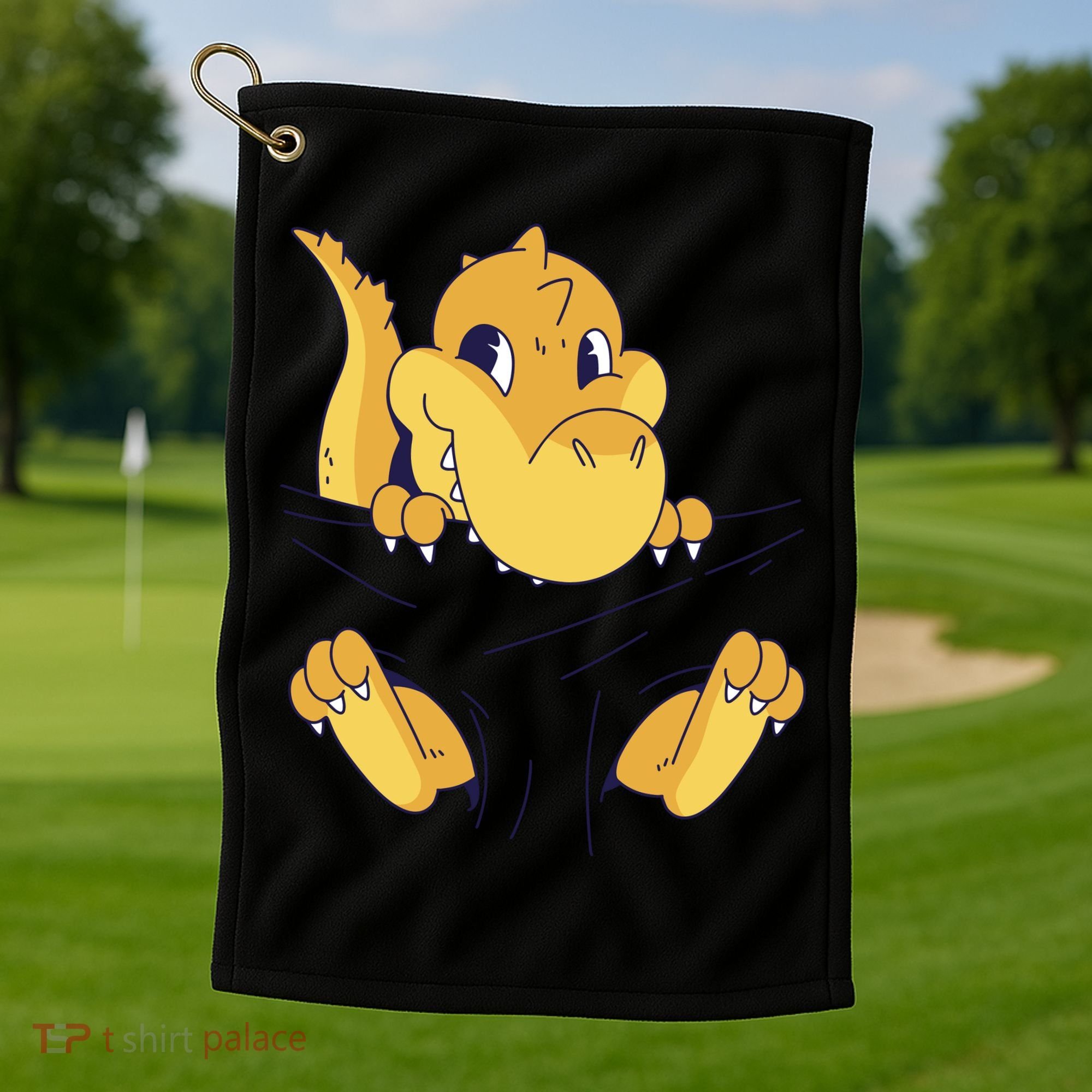 Carrying Baby T Rex Golf Towel