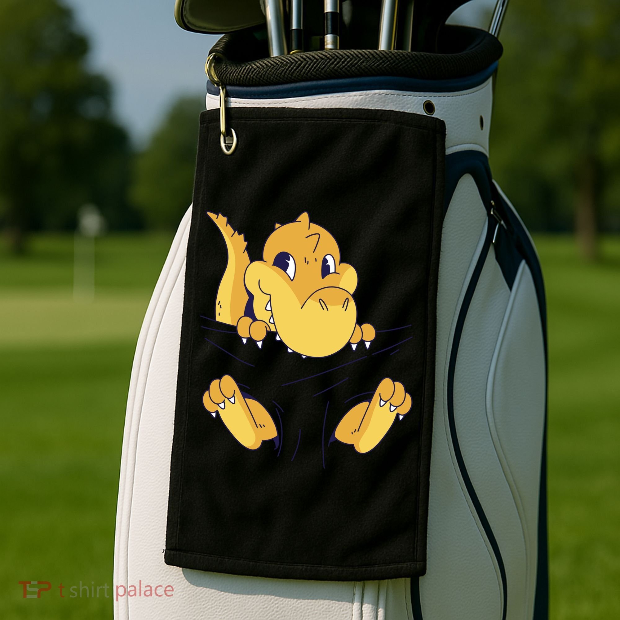 Carrying Baby T Rex Golf Towel