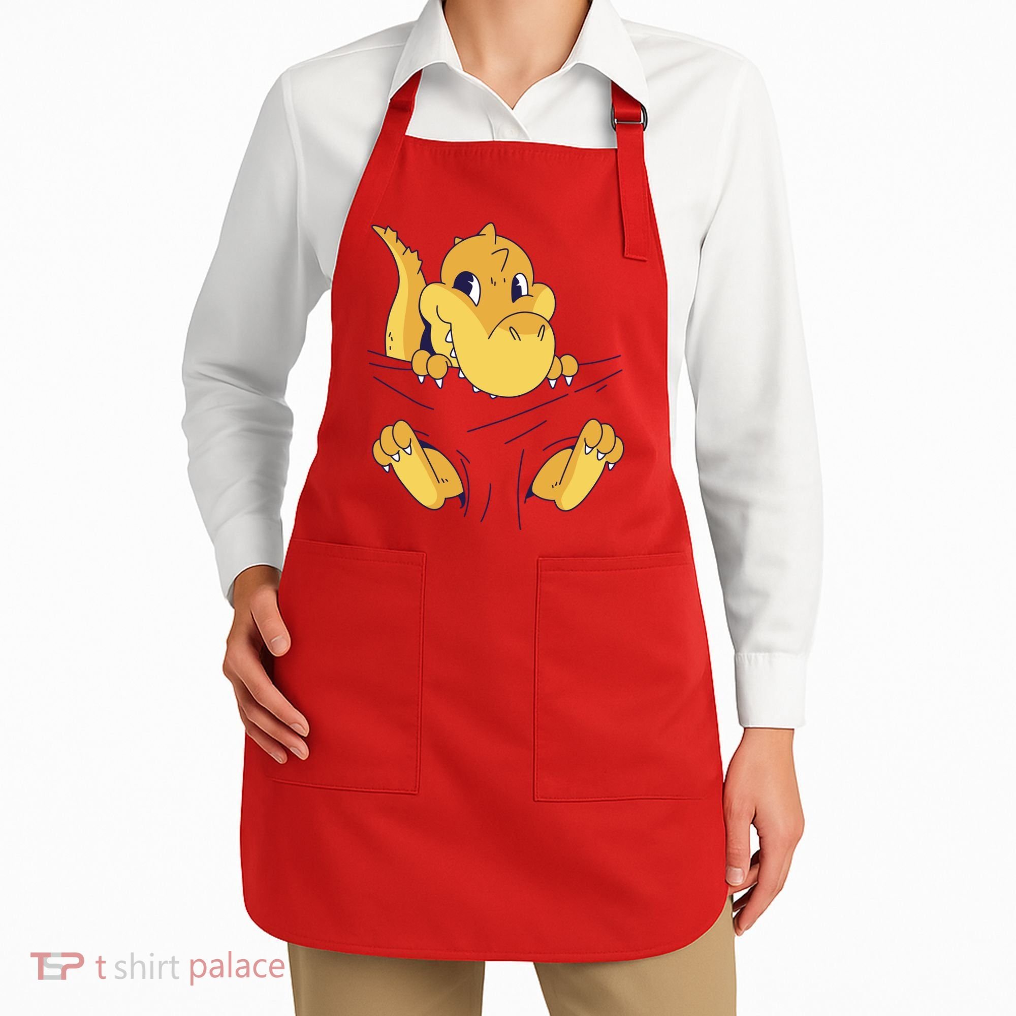 Carrying Baby T Rex Apron
