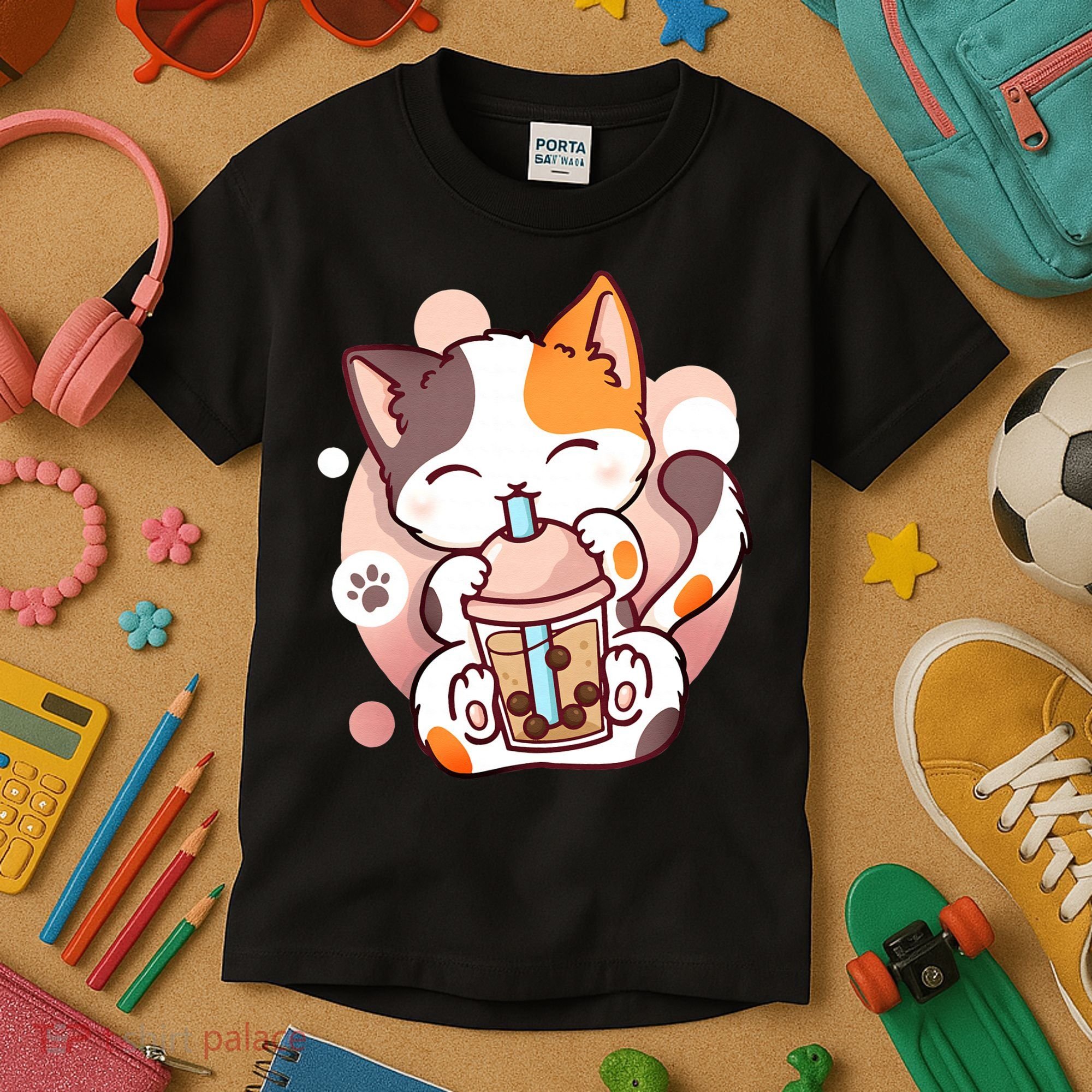 Cat Boba Tea Bubble Tea Anime Kawaii Neko Kids T-Shirt
