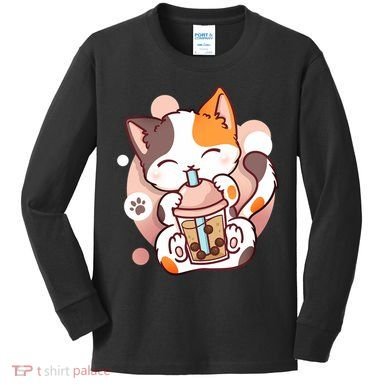 Cat Boba Tea Bubble Tea Anime Kawaii Neko Kids Long Sleeve Shirt