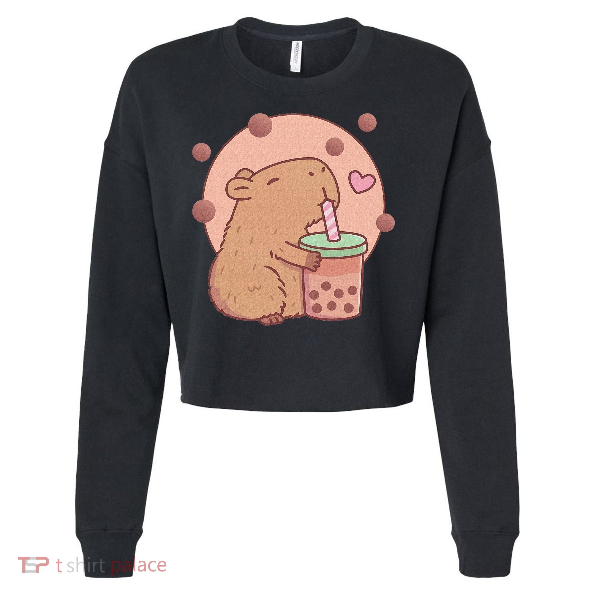 Capybara Bubble Tea Capyboba Boba Milk Tea Lovely Animal Cropped Pullover Crew