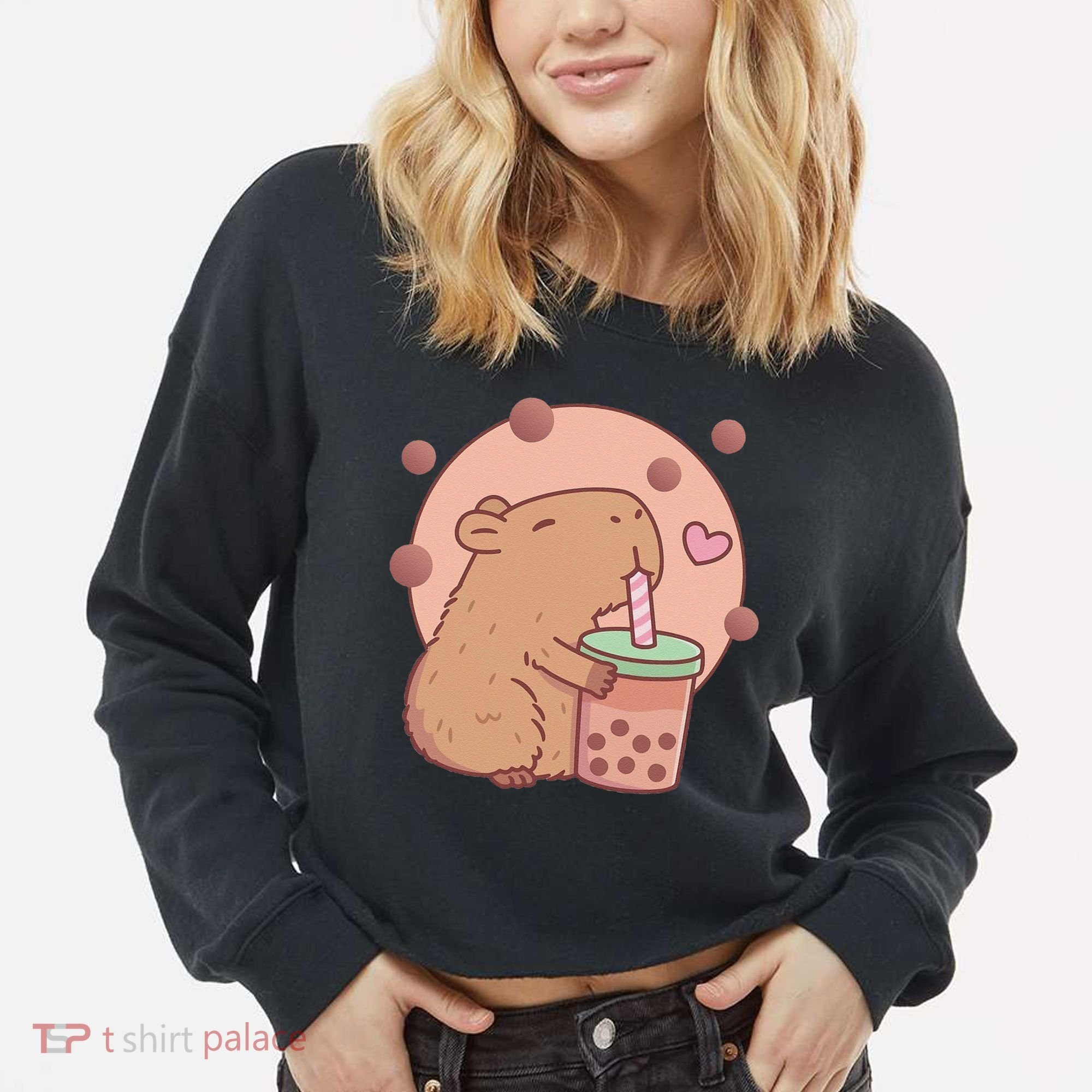 Capybara Bubble Tea Capyboba Boba Milk Tea Lovely Animal Cropped Pullover Crew
