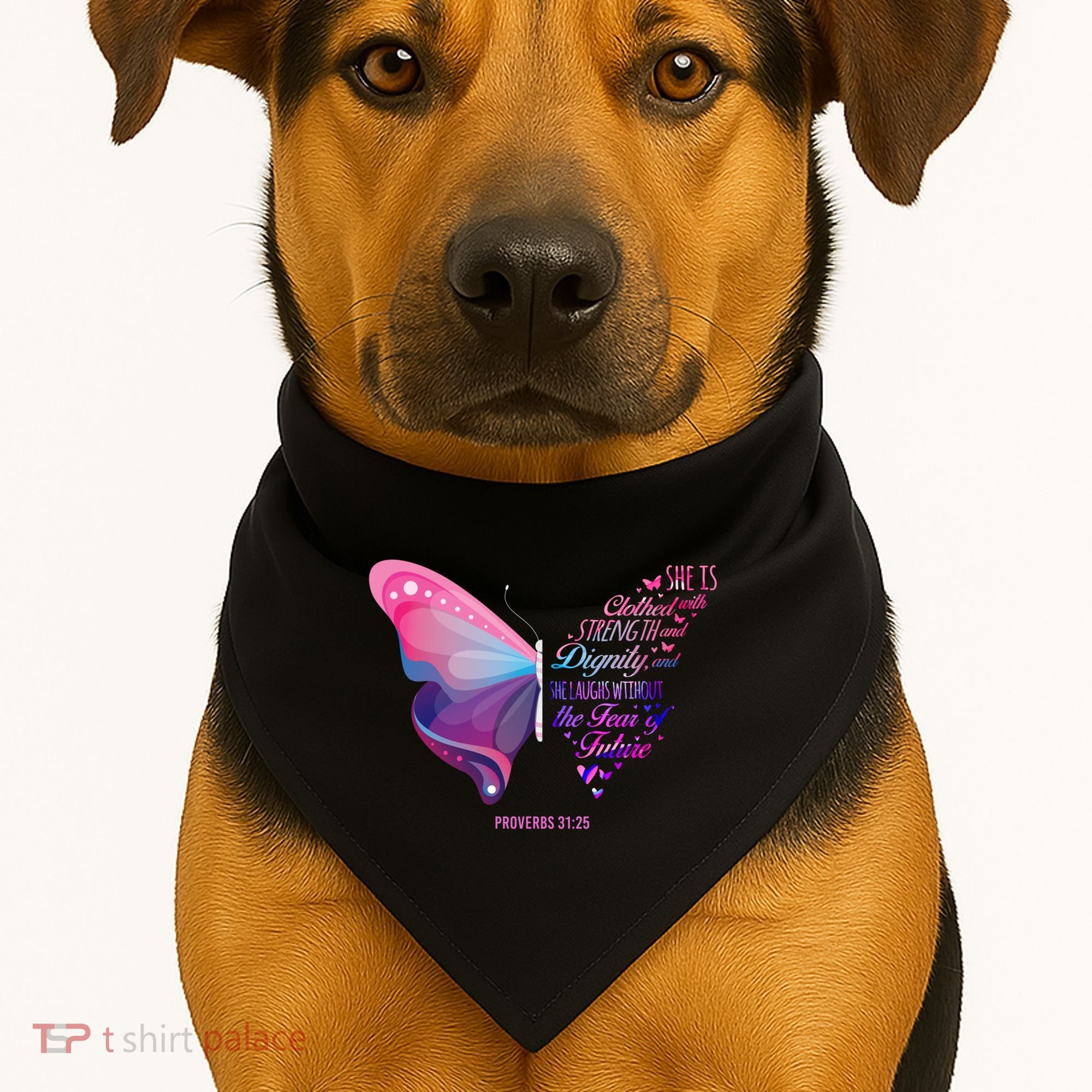 Christian Bible Verse Proverbs 31:25 Butterfly Gift USA-Made Doggie Bandana