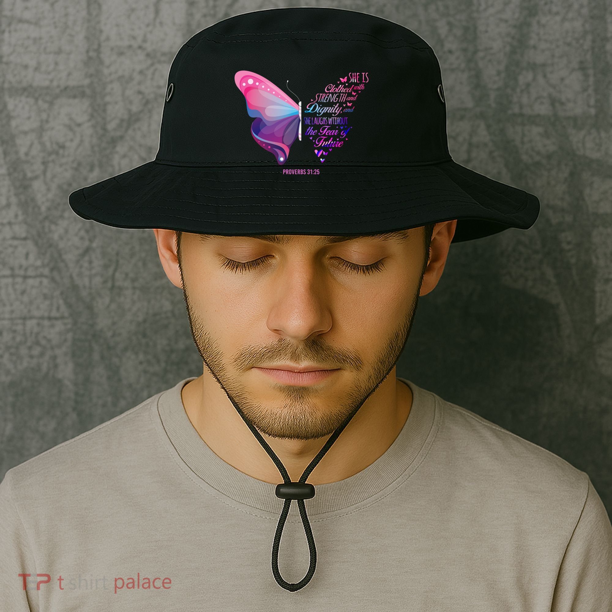 Christian Bible Verse Proverbs 31:25 Butterfly Gift Bucket Hat