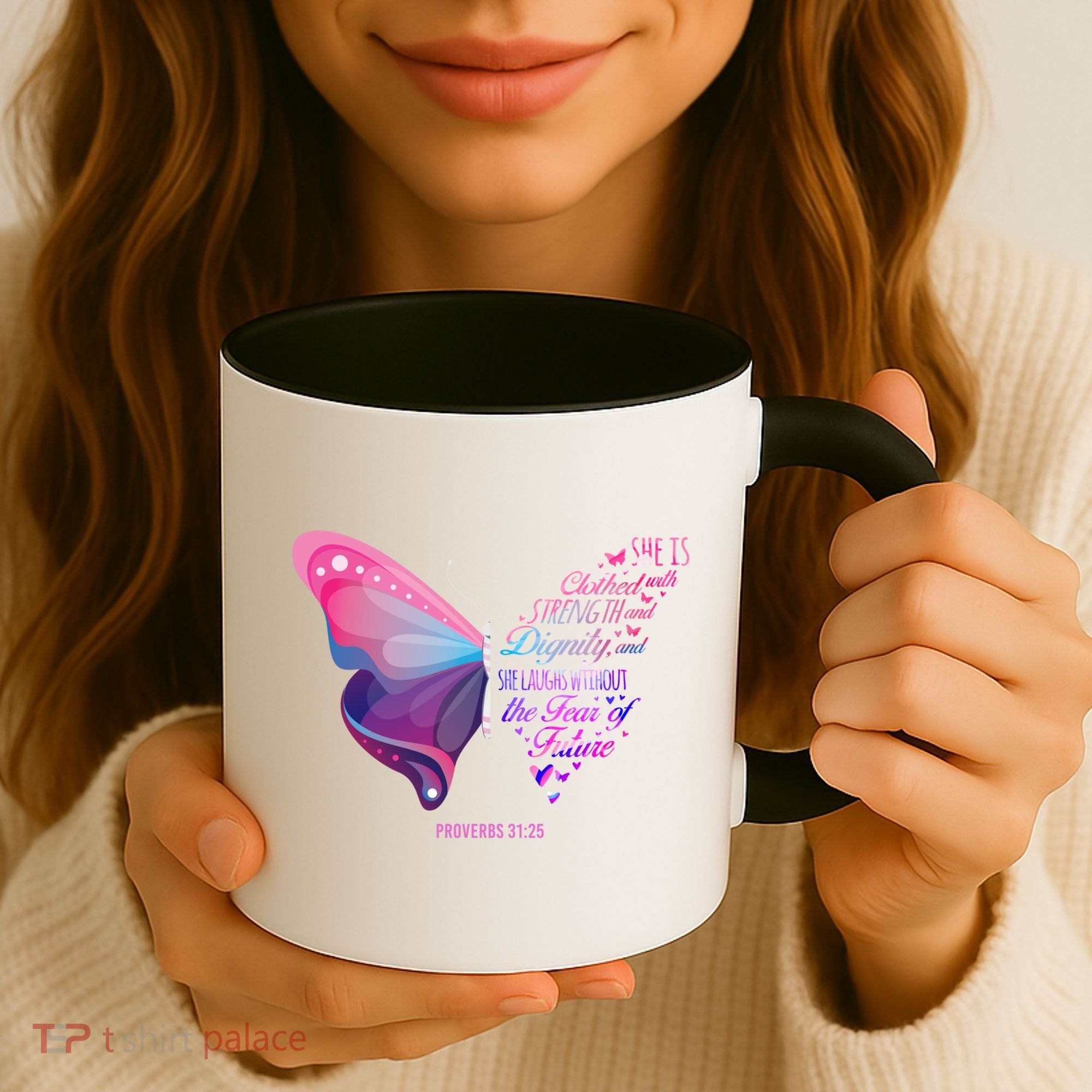 Christian Bible Verse Proverbs 31:25 Butterfly Gift Coffee Mug