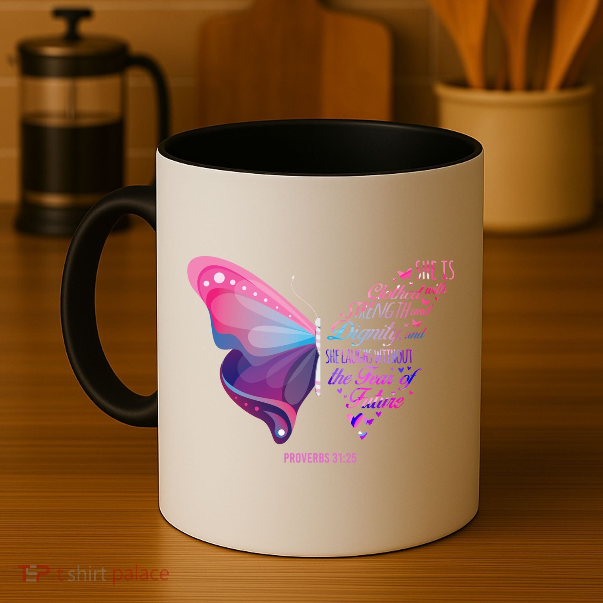 Christian Bible Verse Proverbs 31:25 Butterfly Gift Coffee Mug