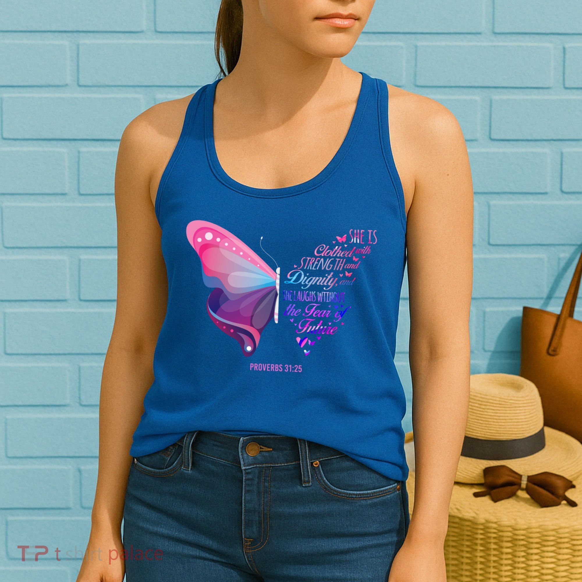Christian Bible Verse Proverbs 31:25 Butterfly Gift Women's Tank Top
