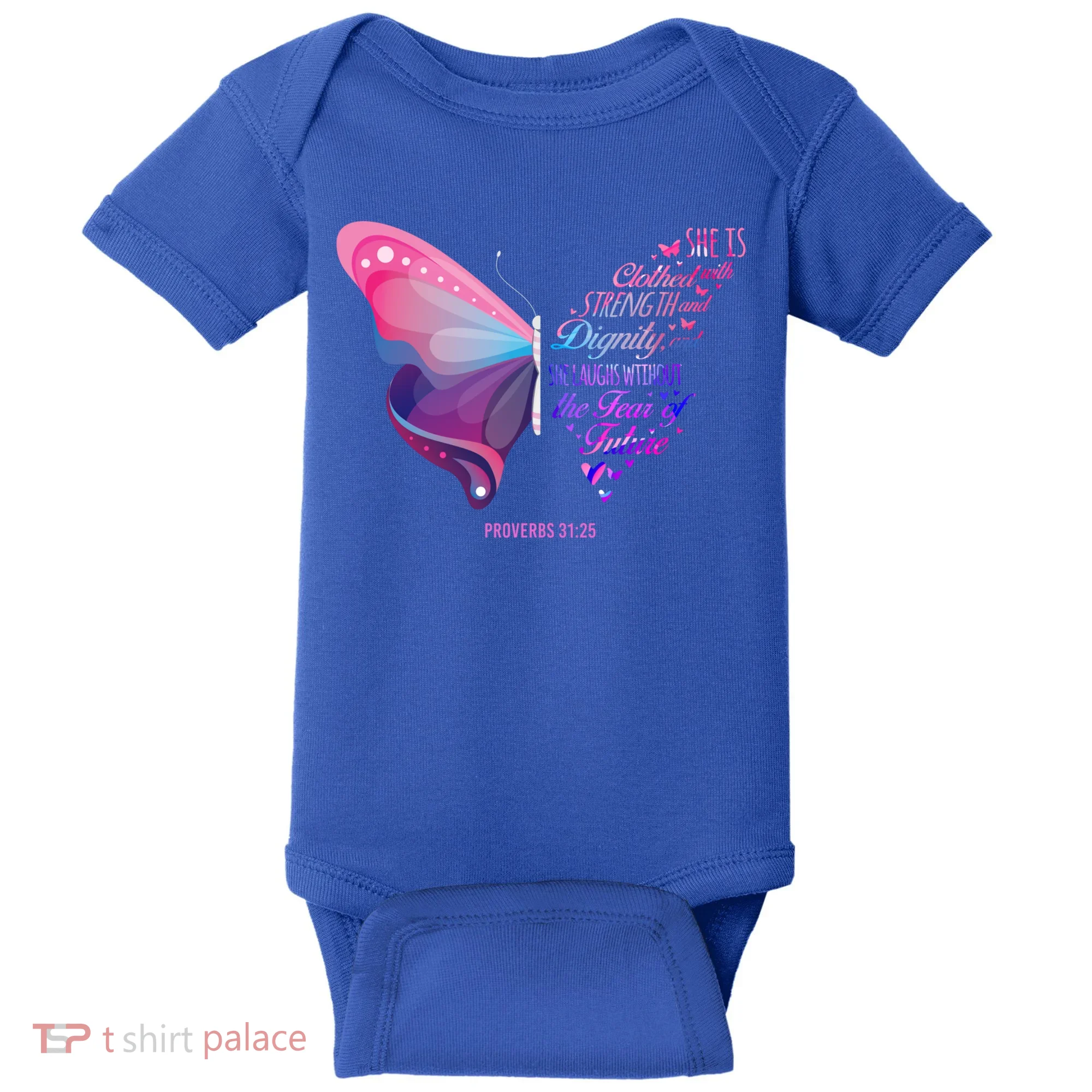 Christian Bible Verse Proverbs 31:25 Butterfly Gift Baby Bodysuit