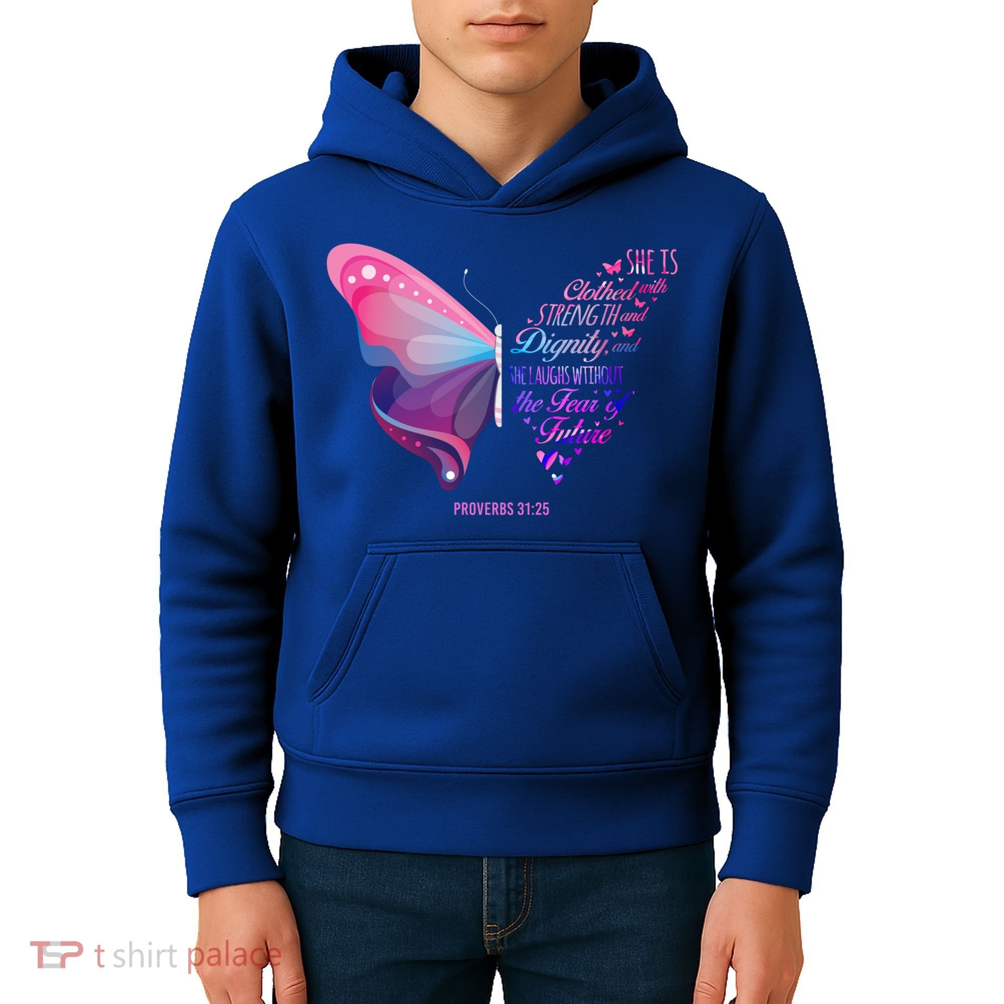 Christian Bible Verse Proverbs 31:25 Butterfly Gift Kids Hoodie