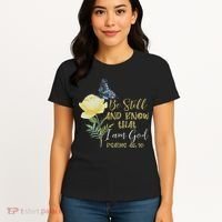 Christian Bible Verse Psalm 46 10 Flower Butterfly Women's T-Shirt thumb 4