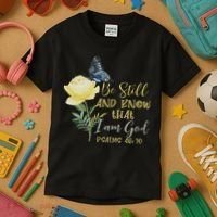 Christian Bible Verse Psalm 46 10 Flower Butterfly Kids T-Shirt thumb 3