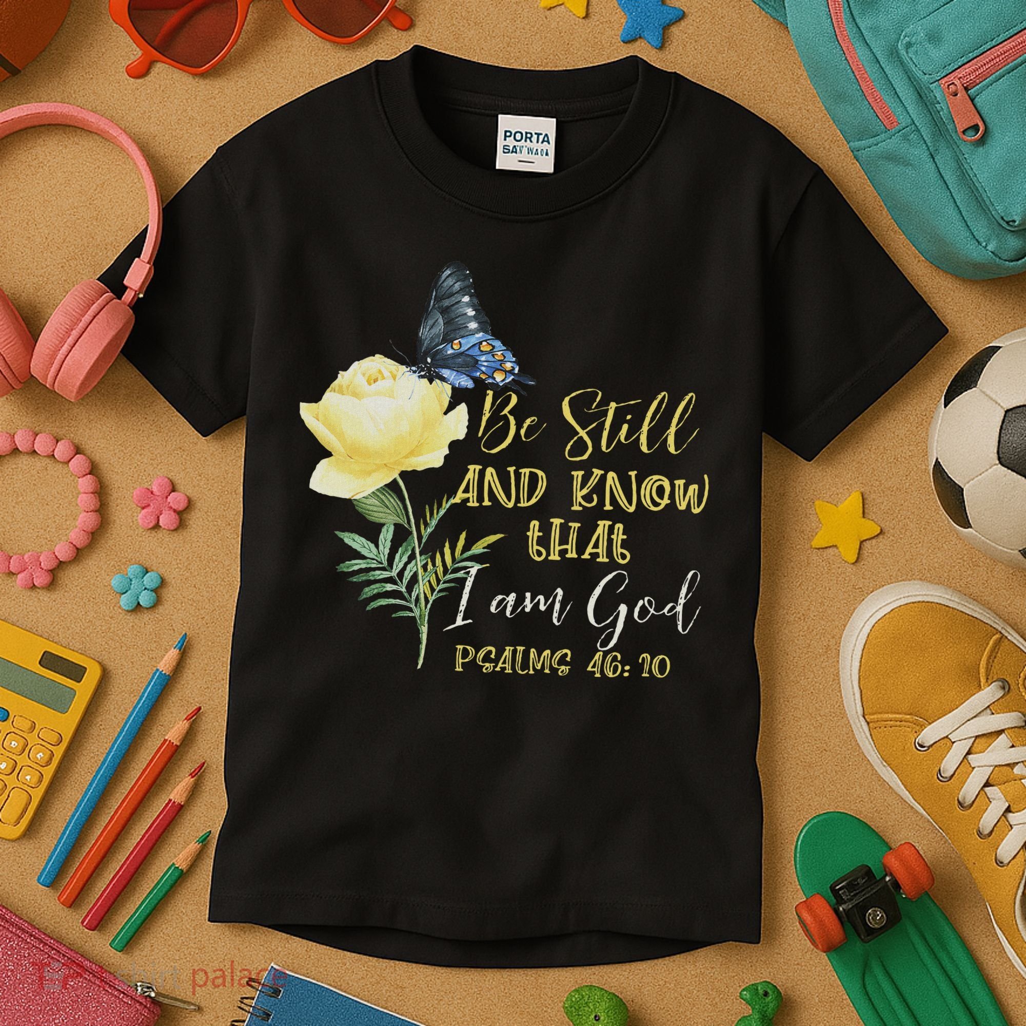 Christian Bible Verse Psalm 46 10 Flower Butterfly Kids T-Shirt