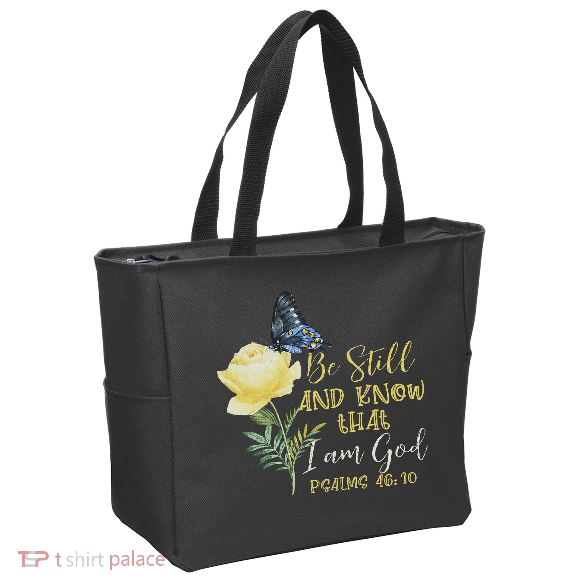 Christian Bible Verse Psalm 46 10 Flower Butterfly Tote Bag
