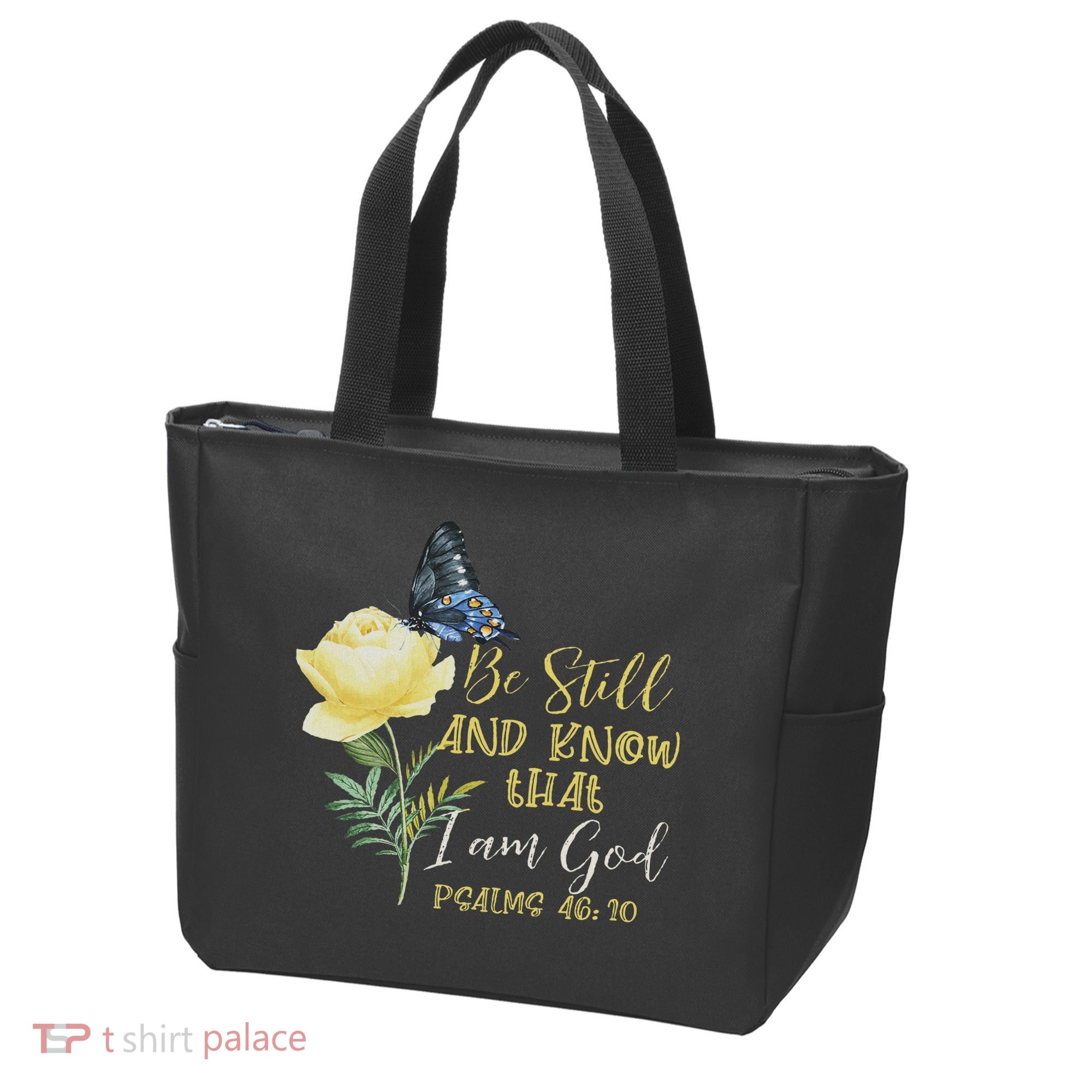Christian Bible Verse Psalm 46 10 Flower Butterfly Tote Bag
