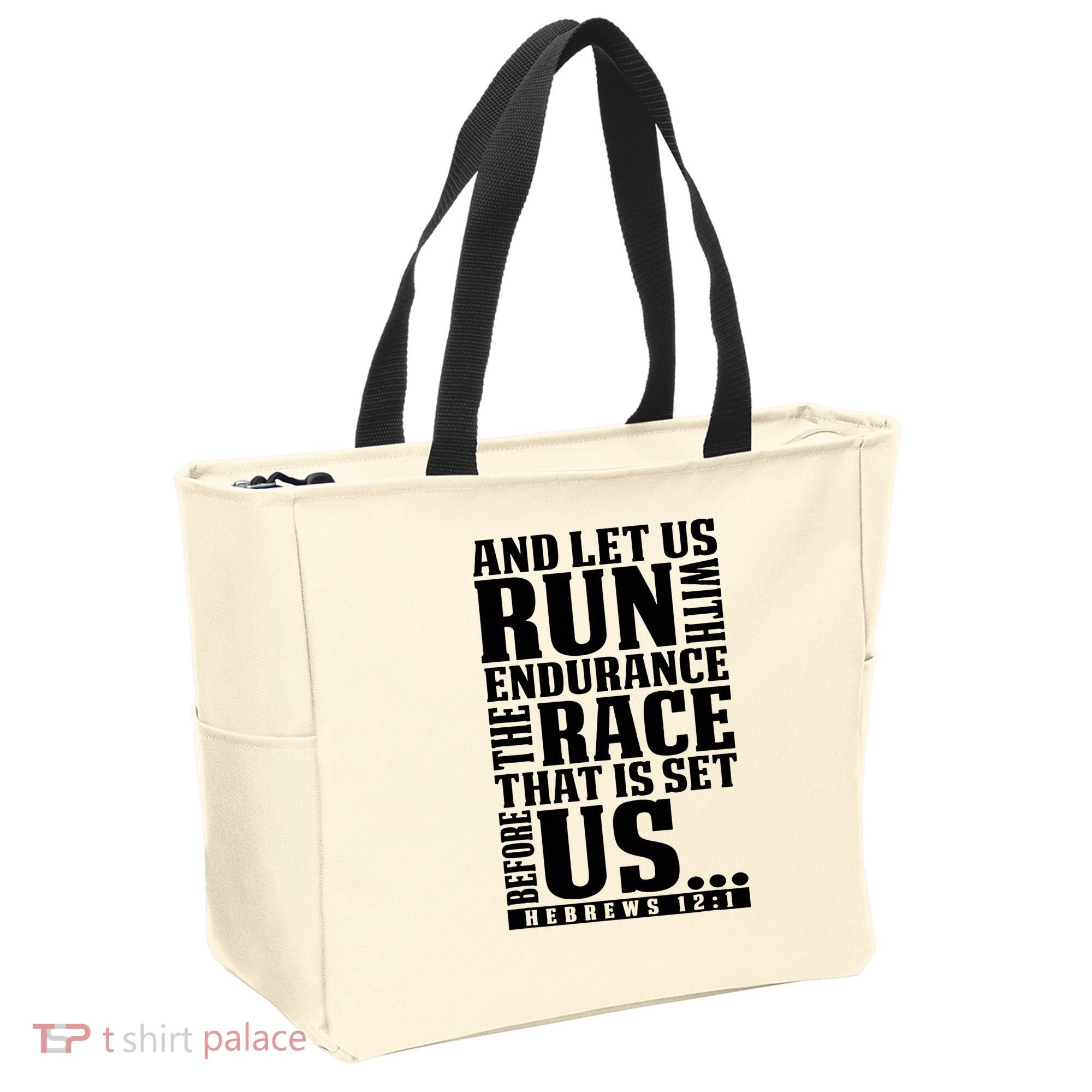 Christian Bible Verse Let Us Run With Endurance Running Gift Tote Bag