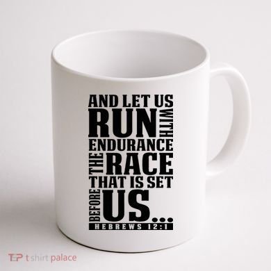 Christian Bible Verse Let Us Run With Endurance Running Gift Coffee Mug back
