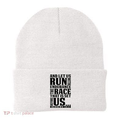 Christian Bible Verse Let Us Run With Endurance Running Gift Beanie