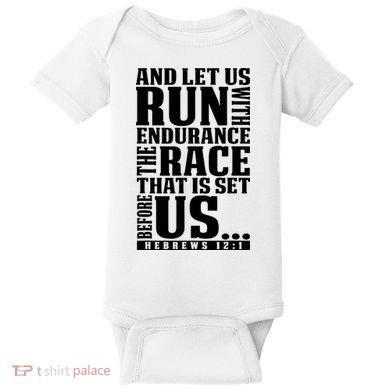 Christian Bible Verse Let Us Run With Endurance Running Gift Baby Bodysuit