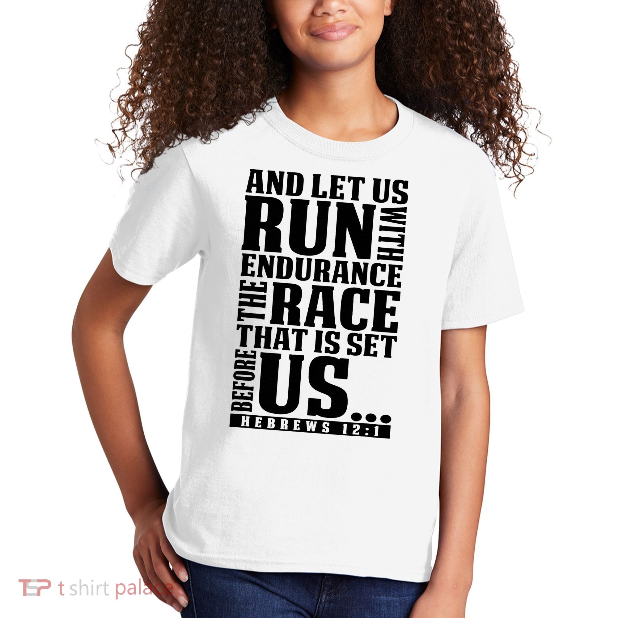 Christian Bible Verse Let Us Run With Endurance Running Gift Kids T-Shirt