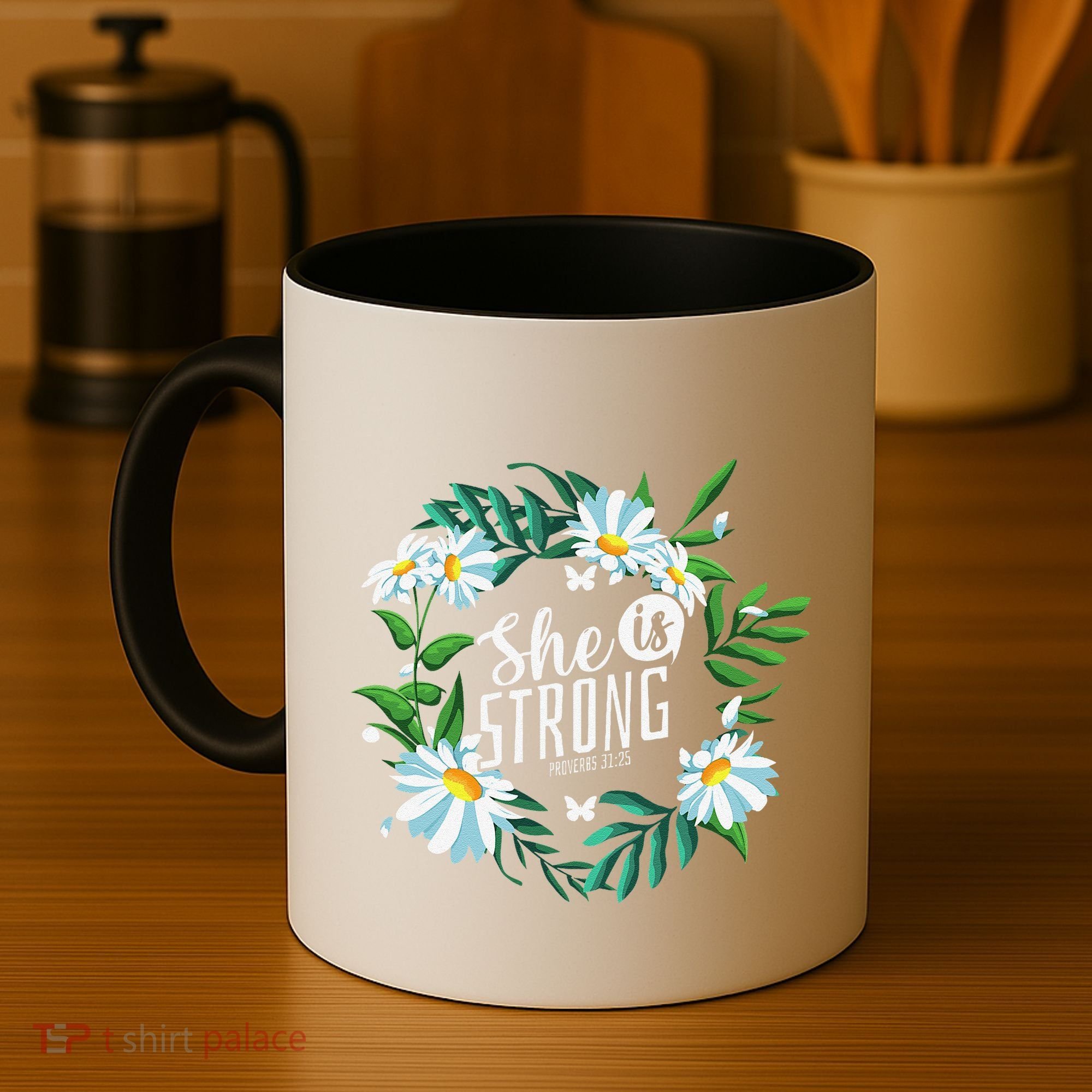 Christian Bible Verse She Is Strong Proverbs 3125 Flower Coffee Mug